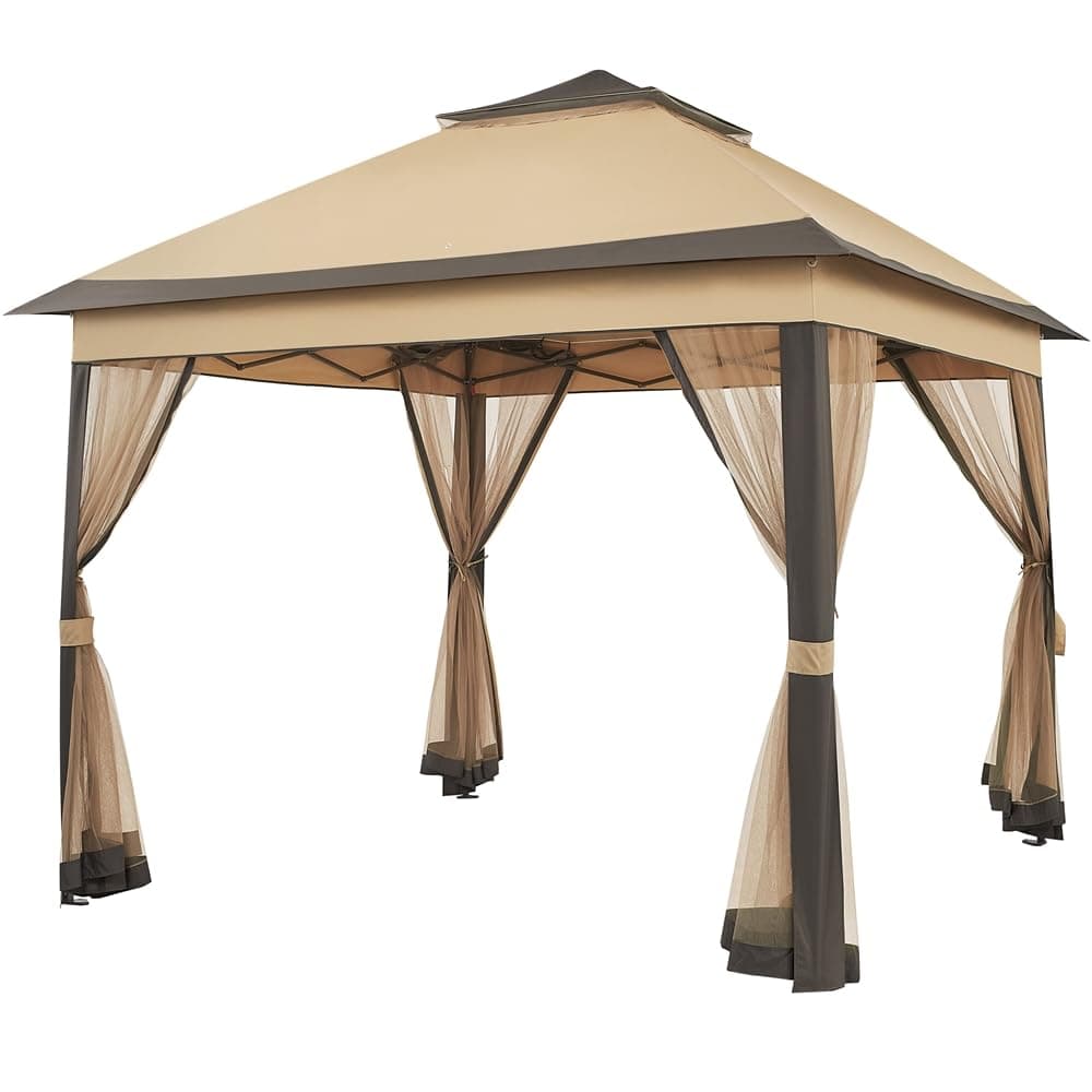 Yaheetech Gazebo da Giardino/Cerimonia 330 x 330 x 271-291 cm per Campeggio/Stand/Commerciale/Feste/Bistrot/Bar/Piscina Telo Impermeabile in Metallo Struttura Tubolare Color Kaki