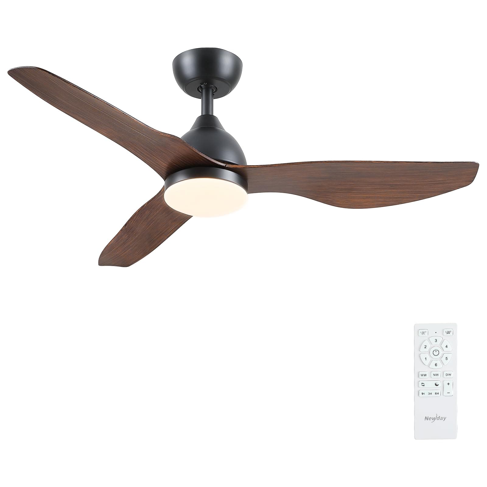 Newday 116cm Ventilador de Techo con Luz y Mando, Reversibles 3 Aspas Color de Madera, Iluminación Dimmer,3 Temporizadores, 6 Velocidades,Patrones de Sueño para Dormitorio Sala de Estar