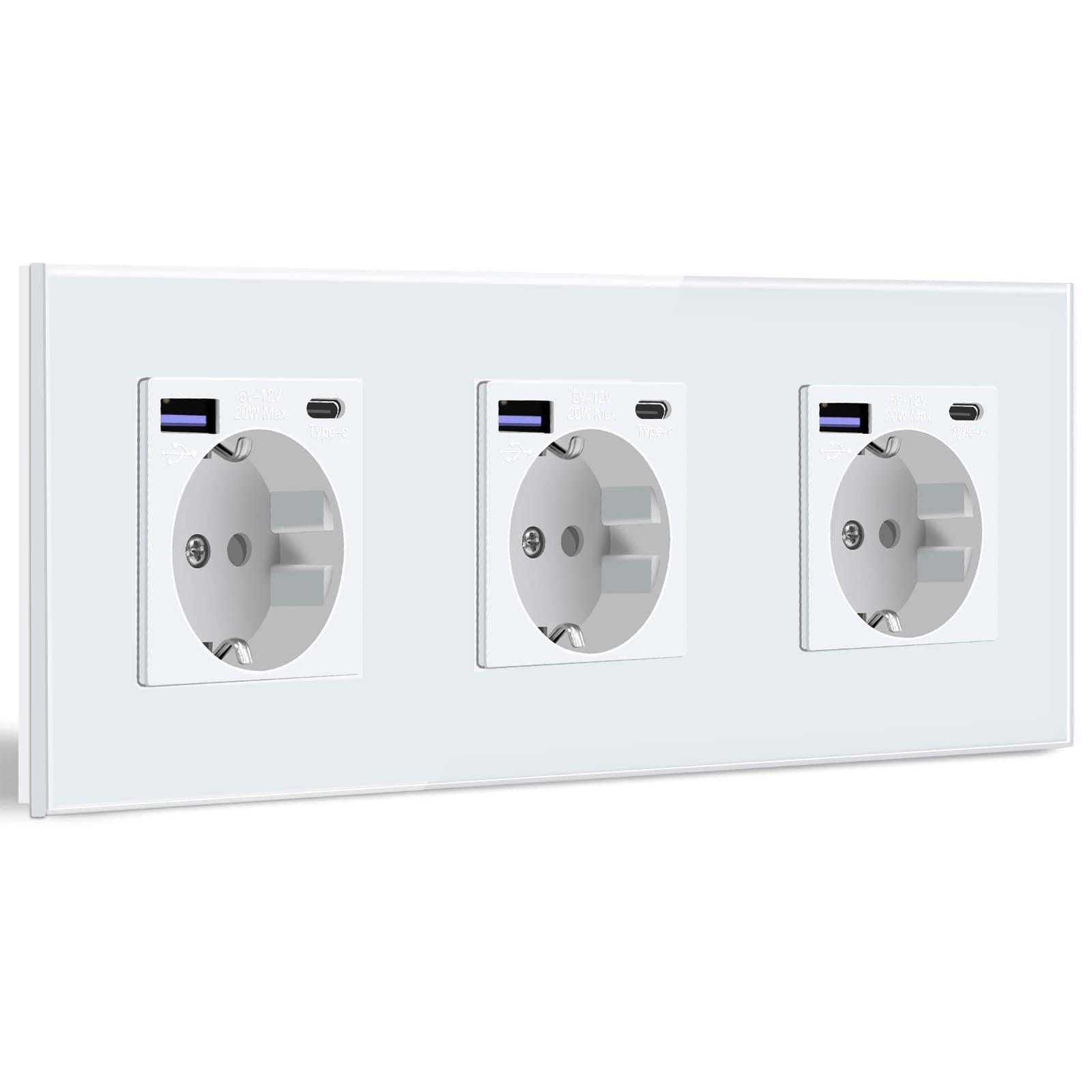 BSEED Enchufe de Pared Con USB C 20W, Schuko Blanco Con Cargador Rápido, 3 Gang Toma de Corriente Con 2 Cargadores y Tipo C, Integrado Adecuado