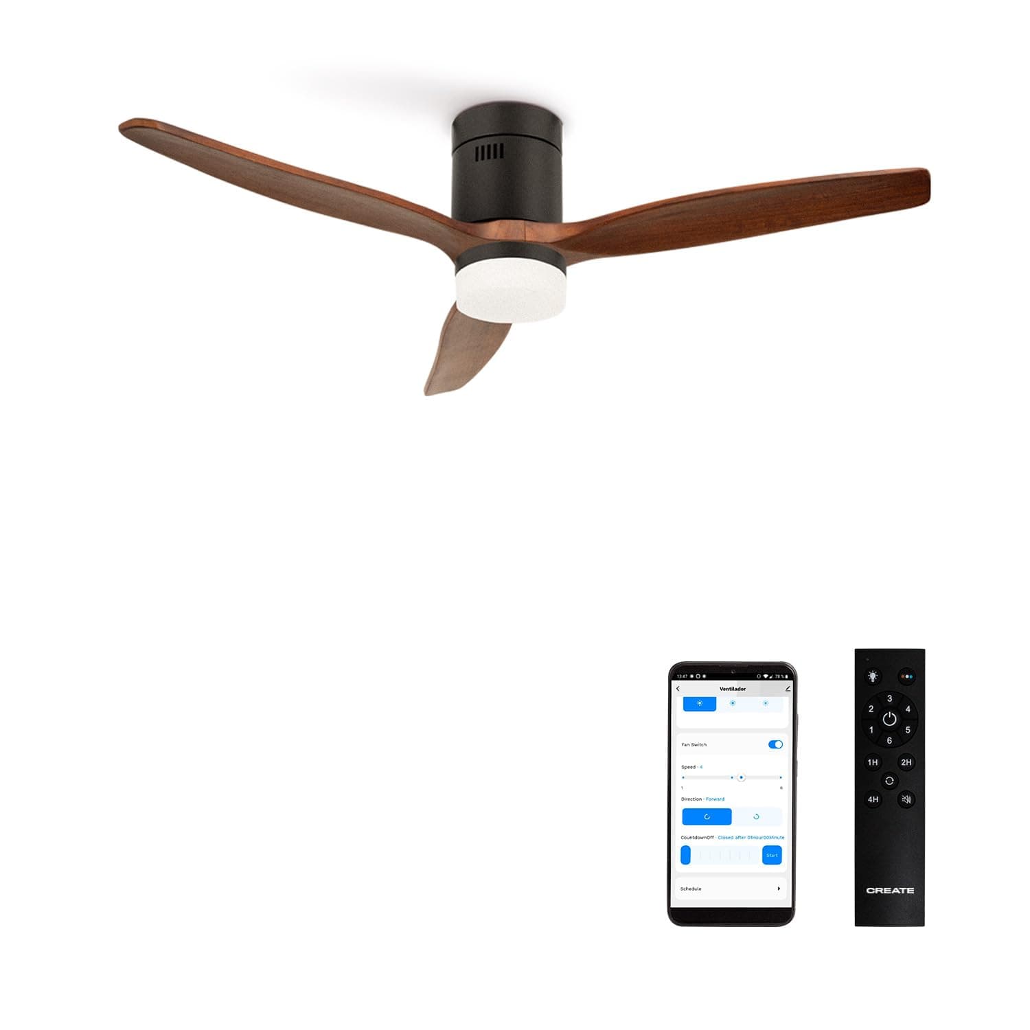 CREATE / WINDCALM M/Ventilateur de plafond ABS avec lumière Wifi et télécommande noir pales effet bois foncé / 40W, Silencieux, Ø132 cm, 6 vitesses, minuterie, été-hiver, double hauteur, moteur DC