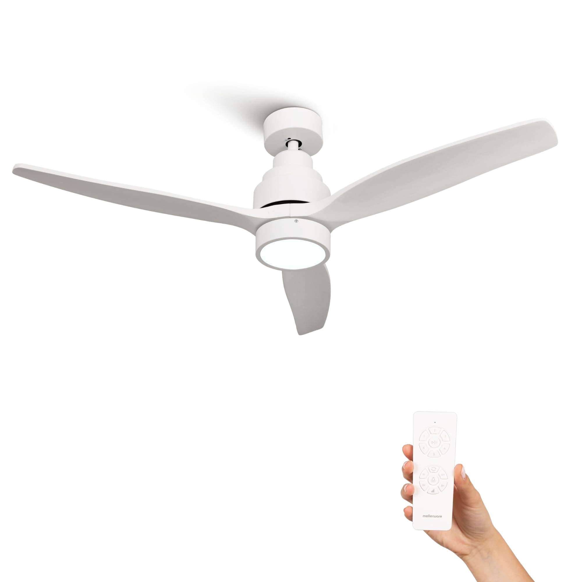 Mellerware - Ventilateur de plafond avec télécommande Brizy! Bright 45W | Lampe puissante | Ultra silencieux | 3 lames | Diamètre 132cm | 6 vitesses | Refroidissement + LED intégrée | Blanc