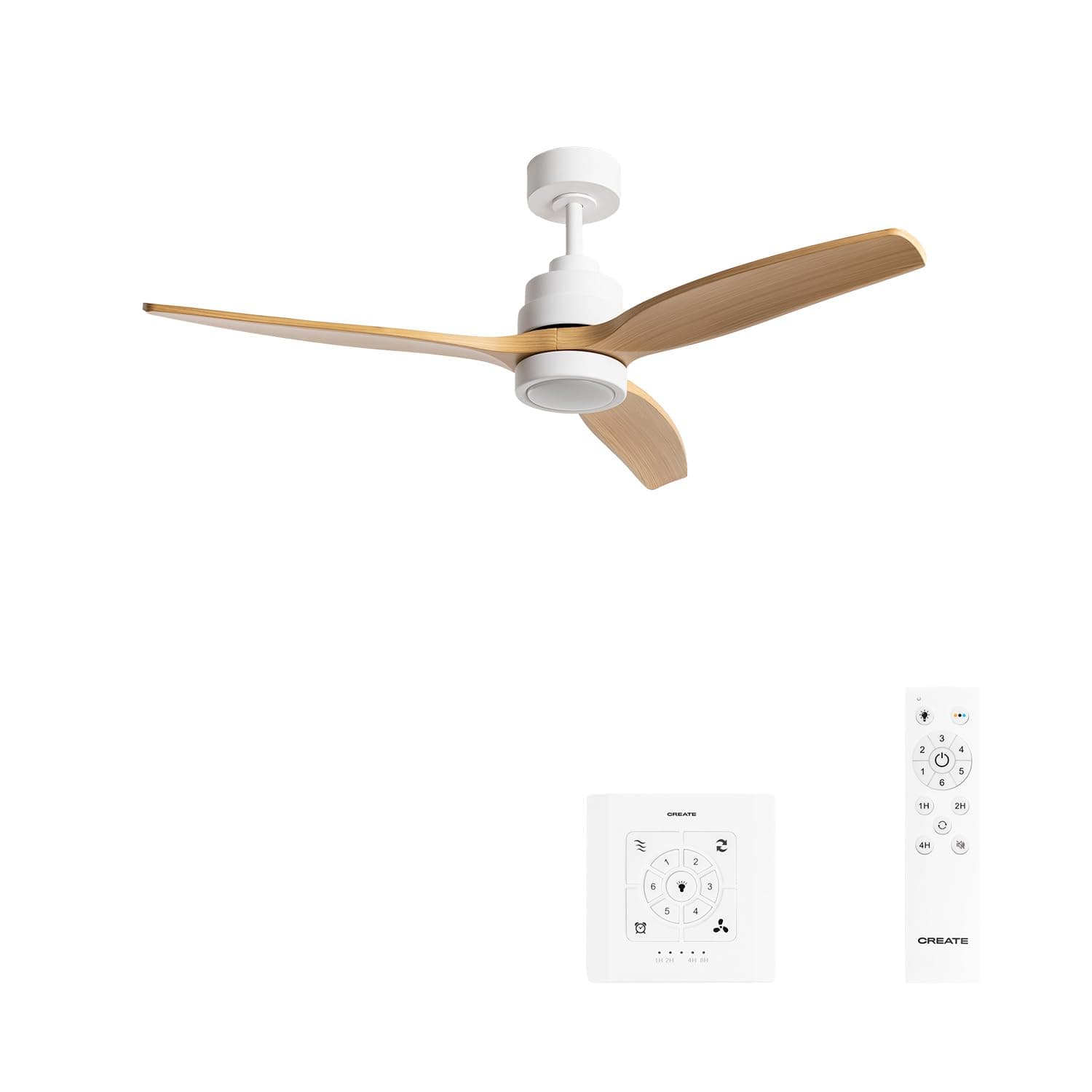CREATE WINDSTYLANCE M/Ventilateur de plafond ABS avec lumière blanche, pales effet bois naturel avec contrôleur et télécommande, 40 W, minuteur, Ø132 cm, 6 vitesses, été-hiver, double hauteur