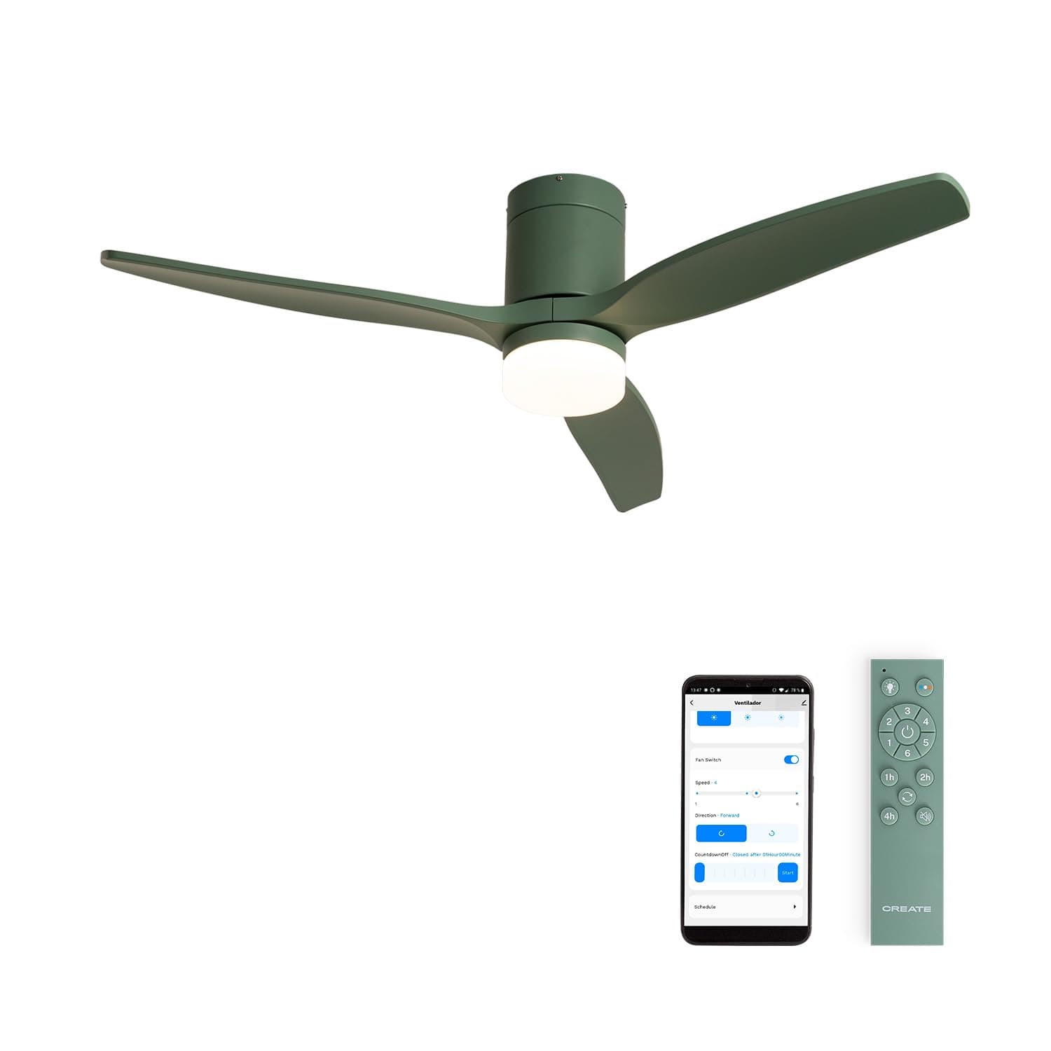 CREATE / WINDCALM M/Ventilateur de plafond ABS avec lumière vert sauge, avec WiFi et télécommande / 40W, Silencieux, Ø132 cm, 6 vitesses, 3 températures de lumière, minuterie, fonction été-hiver