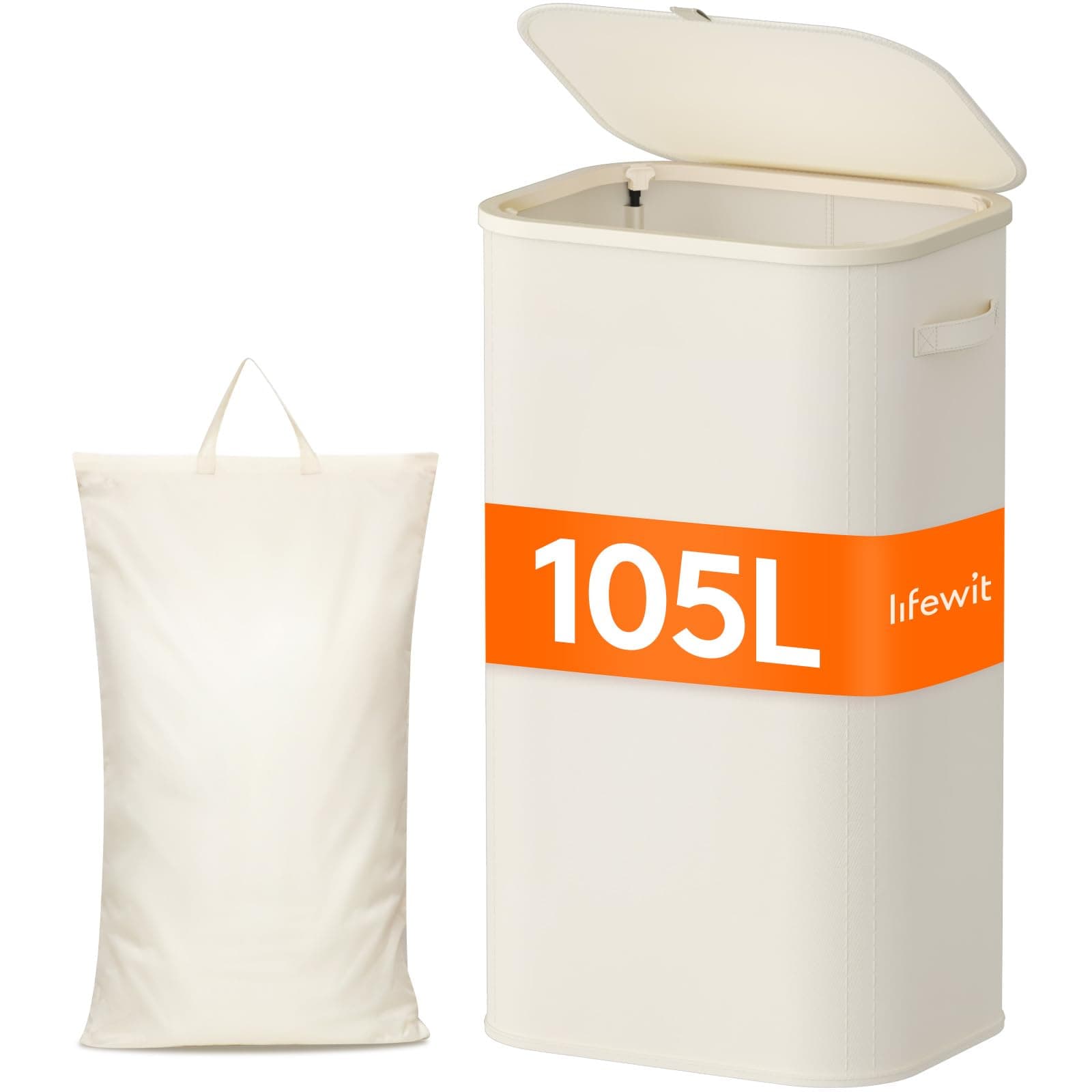 Lifewit Panier Linge Sale, Bac Linge avec Couvercle, Corbeille Linge avec Plastique Poignées et Sac Linge, Laundry Basket pour Buanderie, Chambre, Salle de Bain, 105 L, Blanc