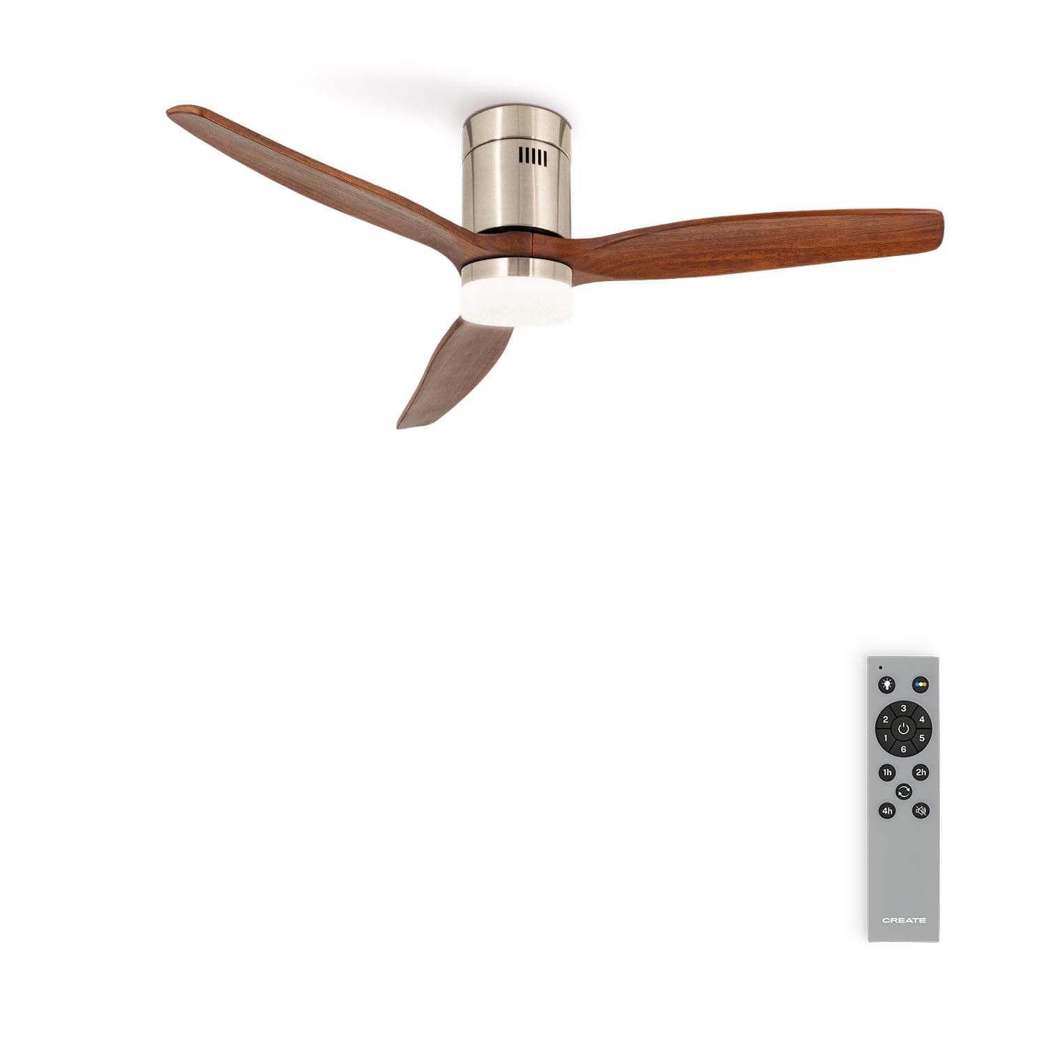 CREATE / WINDCALM M/Ventilateur de plafond ABS avec lumière niquel pales effet bois foncé/Silencieux, minuterie, Puissance, 40W, Ø132 cm