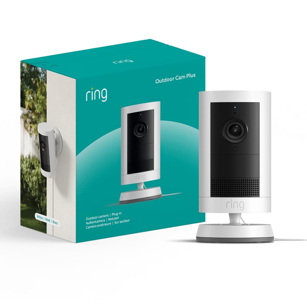 Ring Videocamera esterna Plus plug-in (Outdoor Camera Plus Ultimo modello) Video 2K grandangolare Videocamera di sicurezza wireless fai-da-te | Prova gratuita di 30 giorni piano d'abbonamento Ring