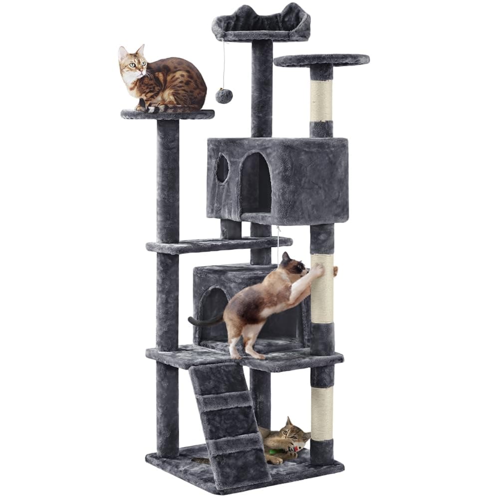 Yaheetech Albero Tiragraffi per Gatti 158 cm con 3 Pali Graffiatoi 3 Posatoi 2 Grotta 2 Pompon in Peluche a Più Livelli Giocattolo Gioco Grigio Scuro