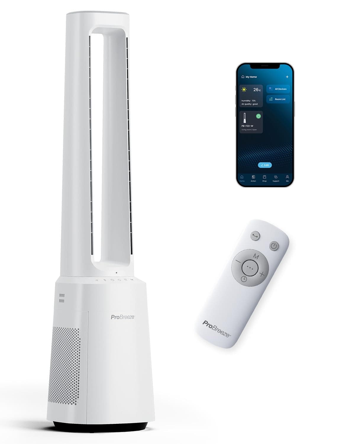 Pro Breeze OmniAir Ventilateur Colonne Purificateur d'Air, Ventilateur Sans Pale 105cm Silencieux, Tour avec Filtre HEPA, Wi-Fi, Télécommande, 10 Vitesses, Oscillation 75°, Ventilateur Sans Lame