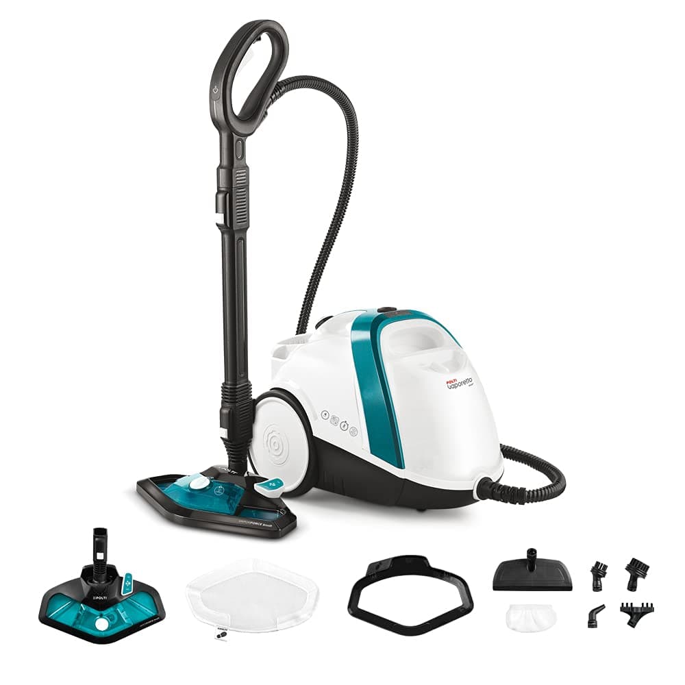 Polti Vaporetto Smart 100 T, Pulitore a Vapore con Caldaia ad Alta Pressione 4 Bar, Potenza Max 1500 W, 8 Accessori Inclusi, Bianco e Turchese
