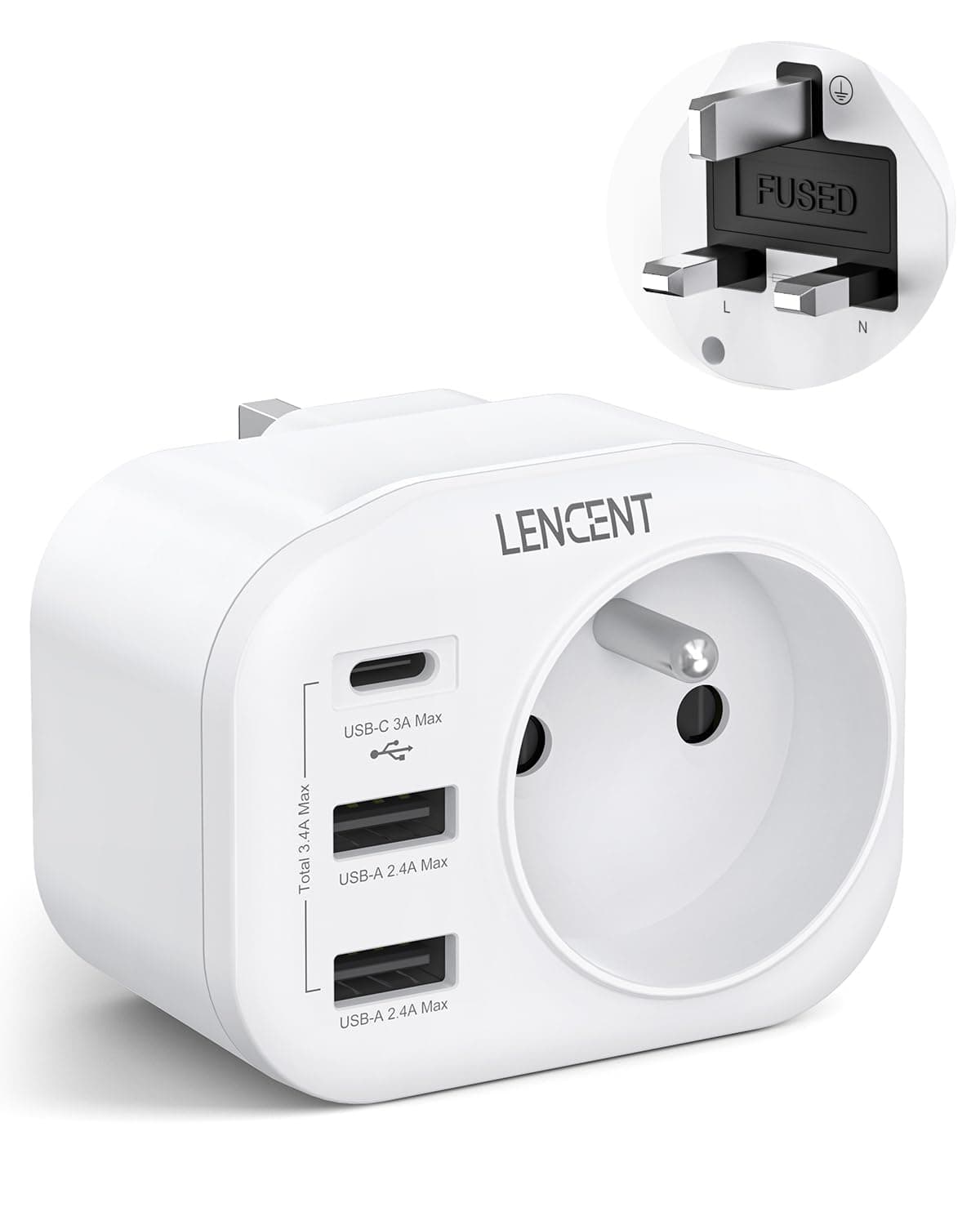 LENCENT Type G Adaptateur Voyage France vers UK, Franc vers Prise Anglaise | Adaptateur 4 en 1 avec 1 Prise CA/2 USB-A /1 USB-C – Idéal pour Angleterre, Irlande, Écosse, Royaume-Uni