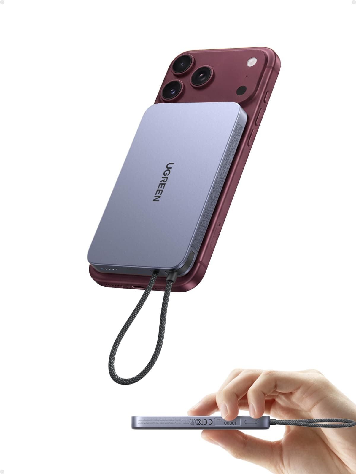 UGREEN MagFlow Air Qi2 25W Batterie Externe MagSafe 10000mAh | Ultra Fin USB C 45W Charge Rapide Power Bank Magnétique Câble Intégré Compatible avec iPhone 18 Pro Max 17 16 15 14 13 12