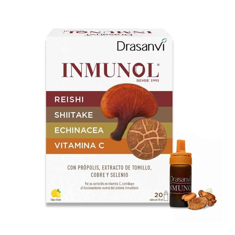 Inmunol Defensas Viales Bebibles | Vitamina C, Selenio, Própolis y Reishi | Vitamina C, selenio y cobre para el sistema inmunitario, con equinácea, tomillo y shiitake. 1 ampolla al día, sabor limón