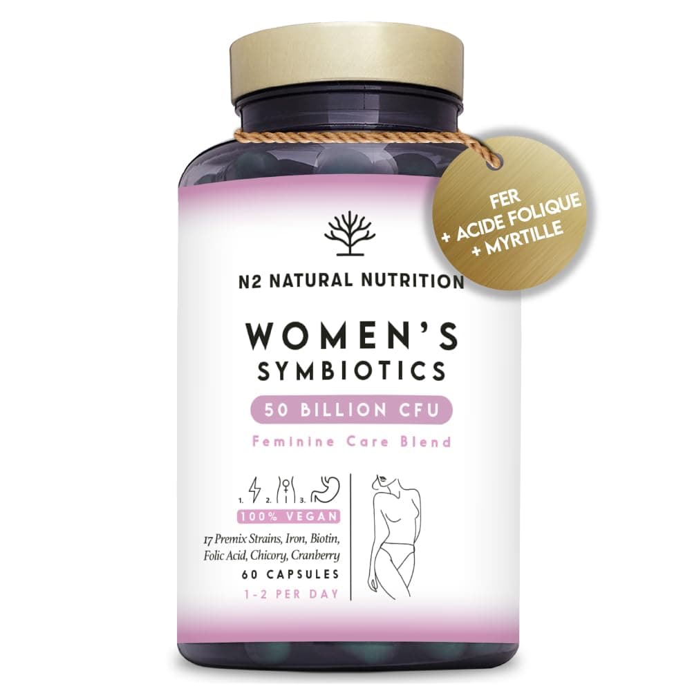 Probiotique Flore Intime et Flore Intestinale (50 Milliards UFC) avec Fer, Cranberry et Acide Folique. Santé Digestive, Vaginale, Urinaire et Hormonale. 60 Gélules. N2 Natural Nutrition