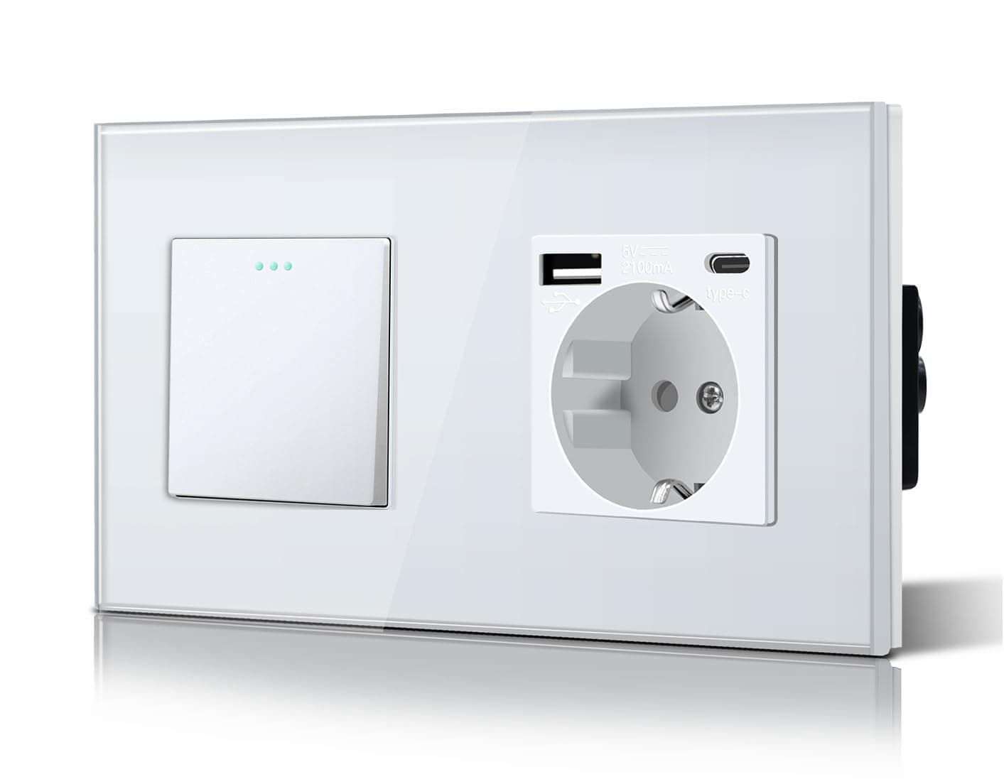 BSEED Interruptor de Luz,Marco de Cristal,10A Interruptores Pared con Pilotitos LED,Instalación Horizontal o Vertical,1 Gang 1 Vía Con Enchufe USB/Tipo C,157mm Blanco