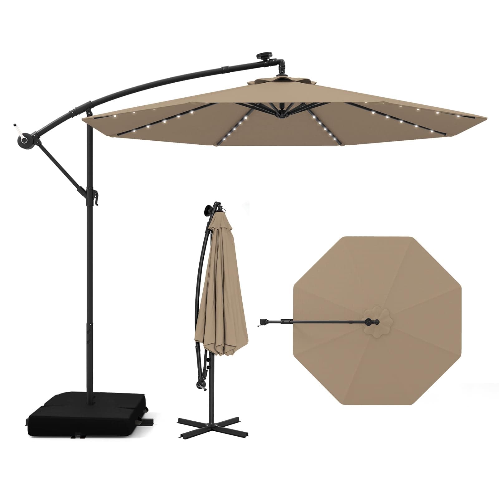 COSTWAY Parasol Déporté 3x3M, Parasol de Jardin Extérieur 40 LED Solaire avec 2 Sacs de Sable, Protection UV, Socle en Croix, Inclinable, Manivelle, pour Balcon, Jardin, Terrasse, Plage (Marron)