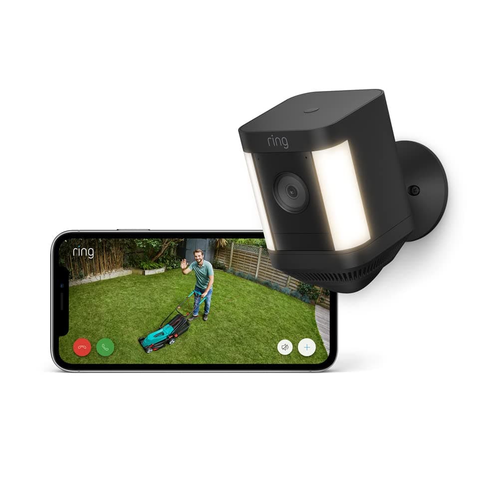 Ring Spotlight Kamera Plus Akku (Spotlight Cam Plus) | Überwachungskamera aussen mit WLAN, HD-Video, LED-Strahler, Nachtsicht, Bewegungserfassung & Sirene | Alexa-kompatible Sicherheitskamera