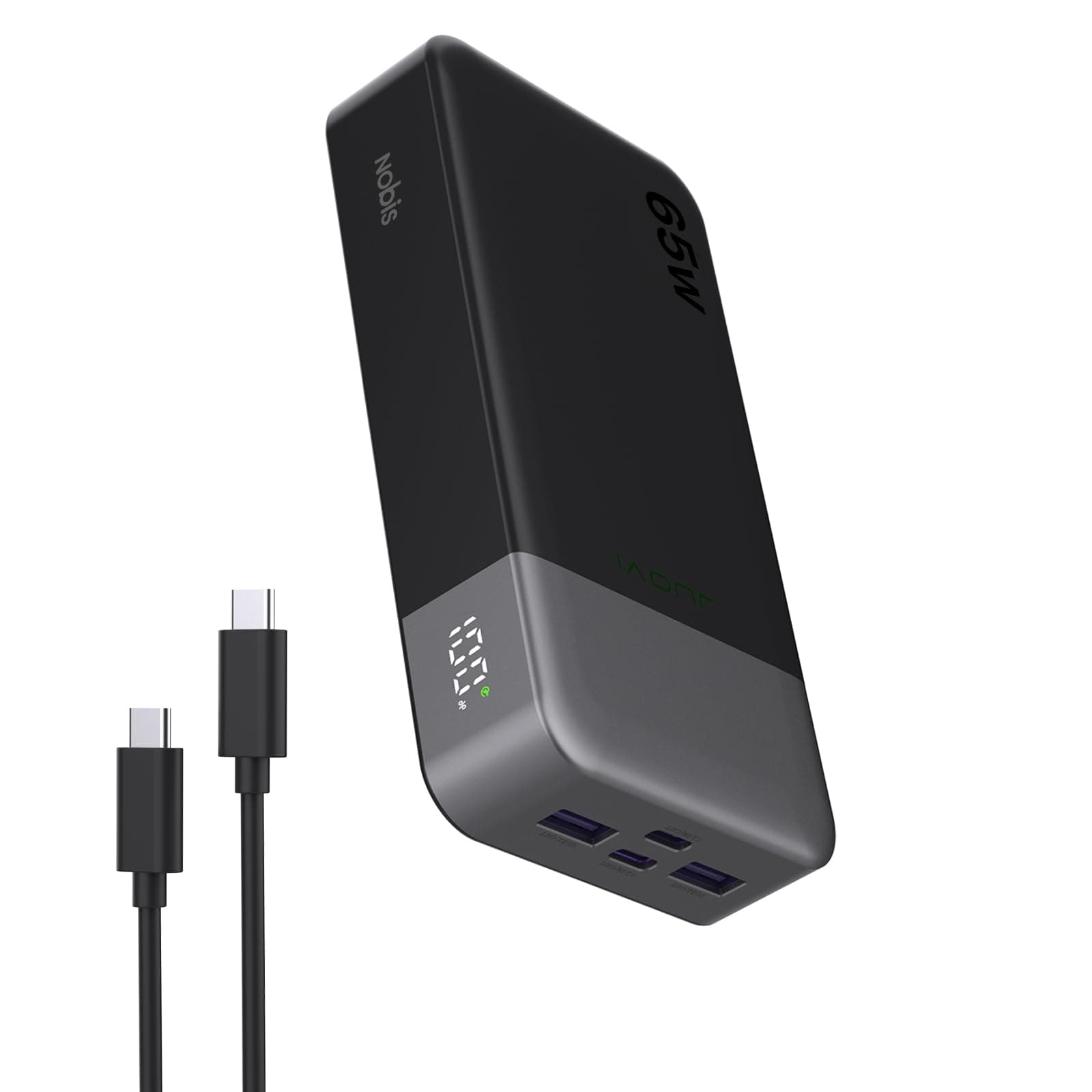 NOBIS 65W Batterie Externe 20000mAh, Batterie Externe Charge Rapide PD QC, 2*USB-C (in/Out) & 2*USB-A Power Bank avec écran Digital pour Ordinateur Portable, téléphone, Tablette, écouteurs