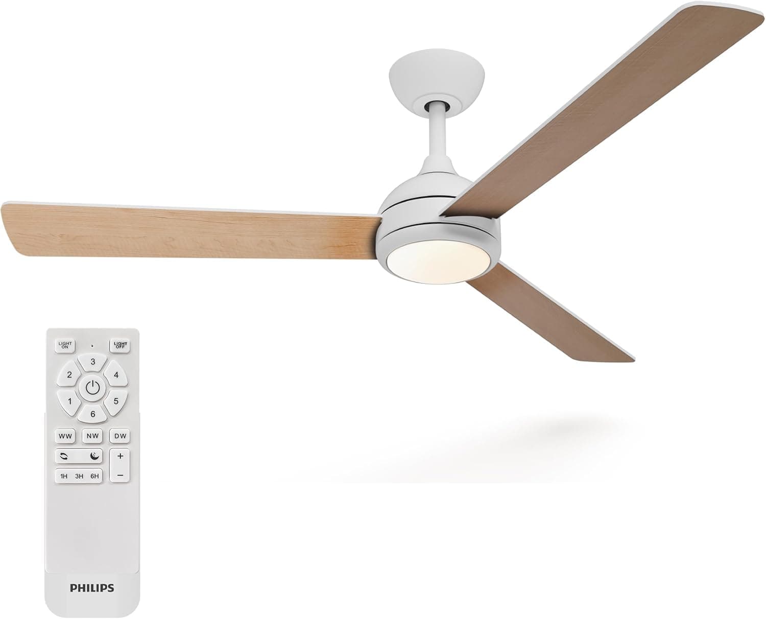 PHILIPS Civx Ventilateur de Plafond avec LED, 3 pales, 132 cm de Diamètre, 2500 Lumens, 3 Nuances de Lumière Blanche (3000 K/4500 K/6500 K), Variation à 10%, avec Télécommande, Blanc/Bois Clair