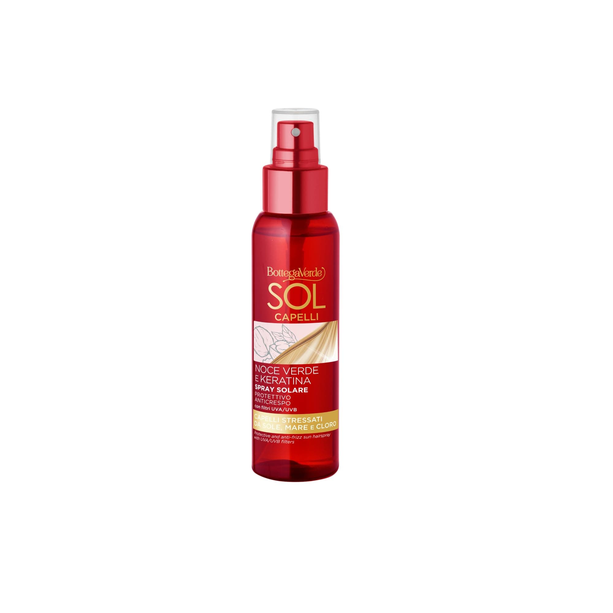 Bottega Verde - Sol Capelli Spray Protettivo, per Capelli Vitali e Morbidi, 100 ml, con Olio di Noce Verde e Keratina, Filtri Solari UVA/UVB, Azione Anti-Crespo, Protegge da Sole, Mare e Cloro
