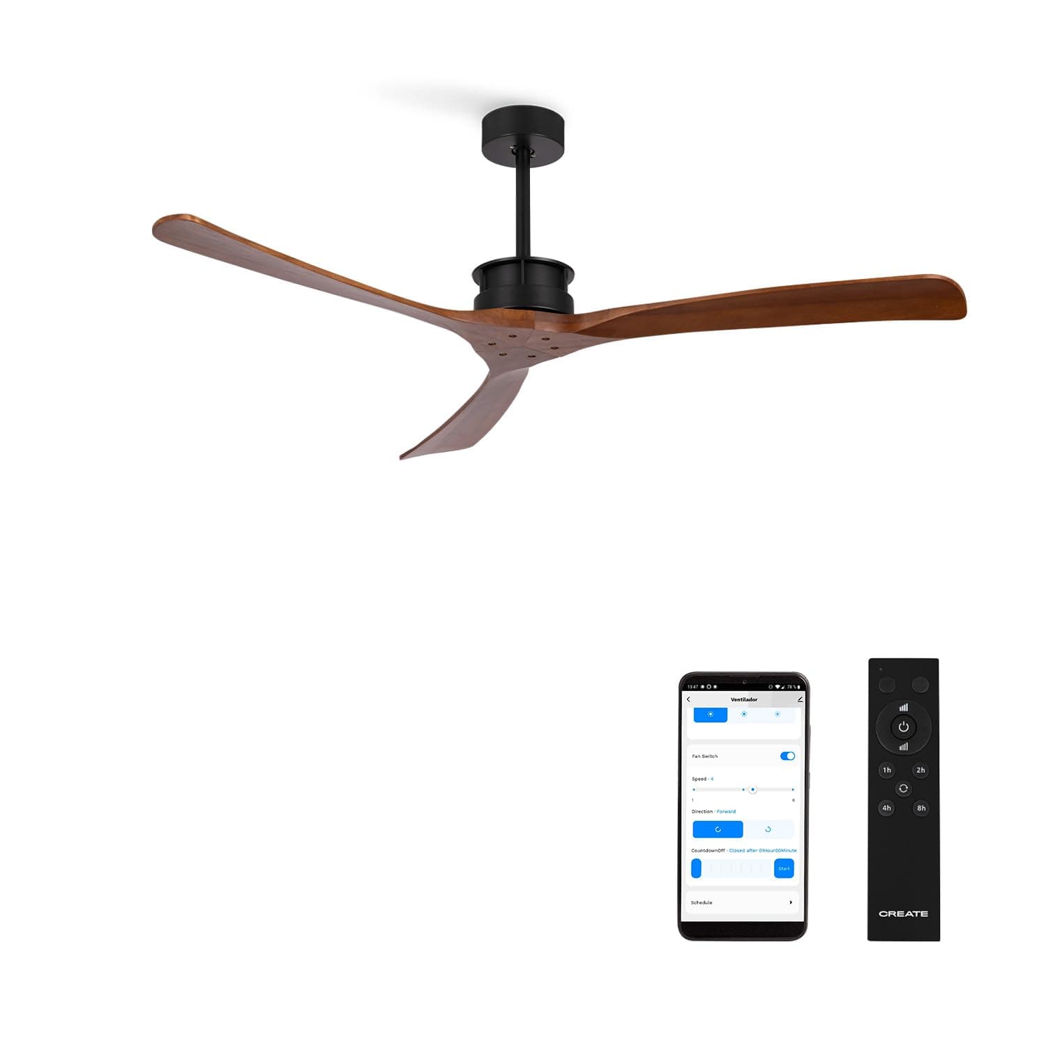 CREATE / WINDLARGE/Ventilateur de plafond avec télécommande et Wifi, noir pales bois foncé / 40W, silencieux, Ø152 cm, 6 vitesses, minuterie, 2 hauteurs, moteur DC, fonction été-hiver