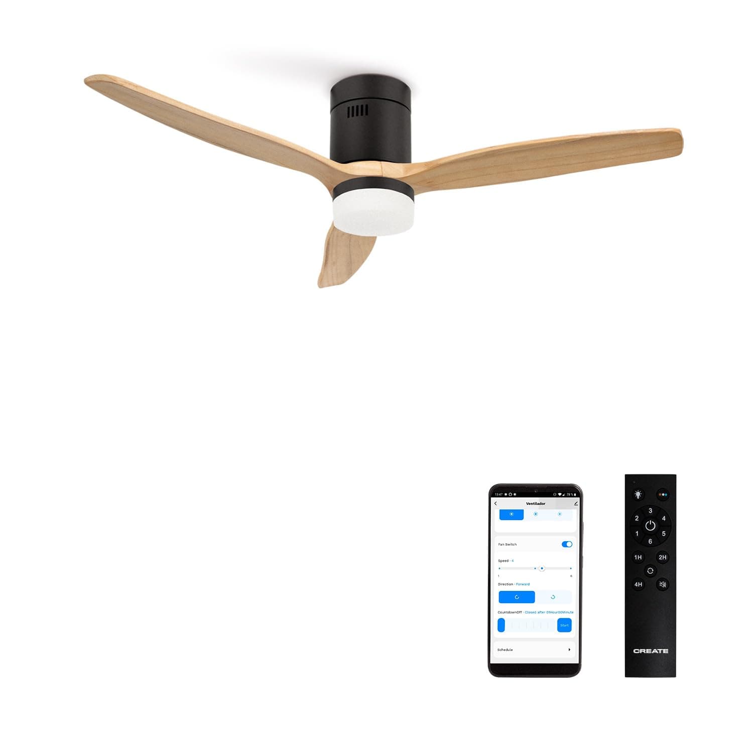 CREATE / WINDCALM M/Ventilateur de plafond ABS avec lumière Wifi et télécommande noir pales effet bois clair / 40W, Silencieux, Ø132 cm, 6 vitesses, minuterie, été-hiver, double hauteur, moteur DC