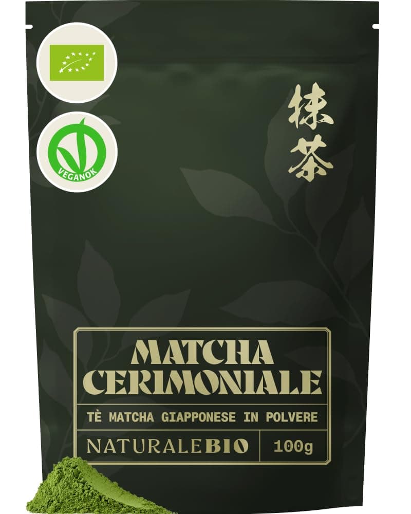 NaturaleBio Tè Verde Matcha Biologico in Polvere. Grado Cerimoniale A, 100g. Prodotto in Giappone, Uji, Kyoto. Ideale con latte o per la Cerimonia del Tè. Senza Zuccheri Aggiunti e Conservanti.
