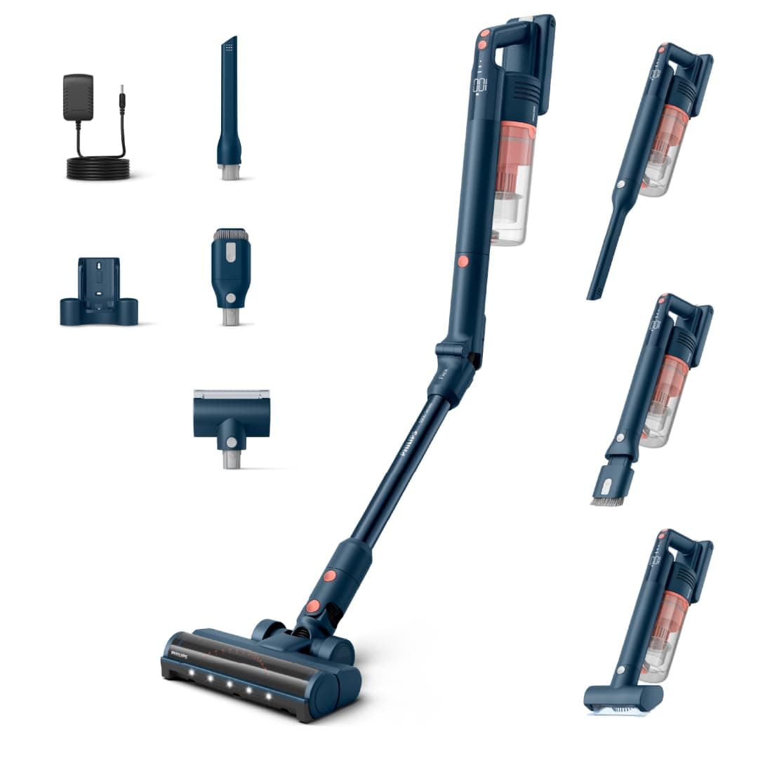 Philips SpeedPro Max Kabelloser Staubsauger 5000 Series Flex, Leistungsstarke Saugkraft, 60 Min. Laufzeit, Düse mit LED-Beleuchtung, Tierhaar-Düse, Fugendüse & Kombi-Zubehör, inkl. Display (XC5243/10)