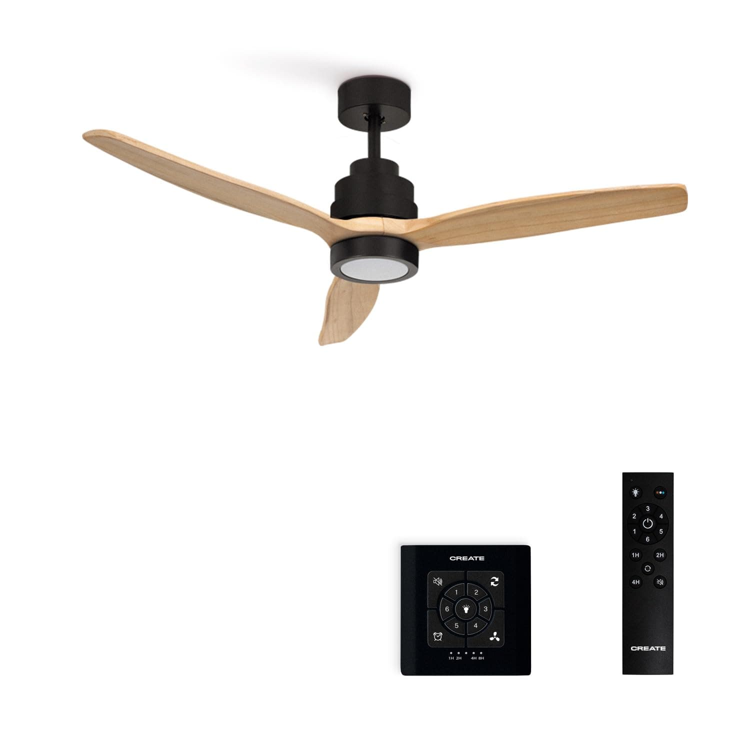 CREATE / WINDSTYLANCE M/Ventilateur ABS lumière noir pales effet bois naturel + contrôleur, télécommande / 40W, Silencieux, Ø132 cm, 6 vitesses, été-hiver, double hauteur