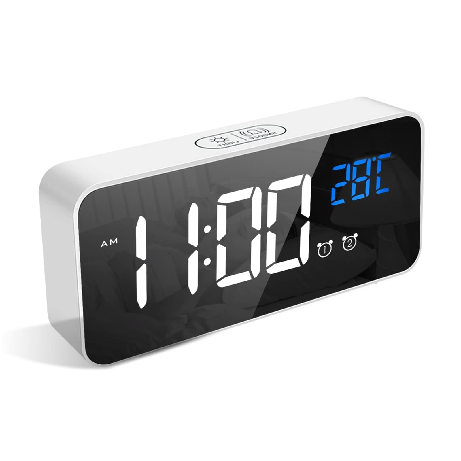 LATEC Reloj Despertador, LED Pantalla Reloj Despertador Digital con Espejo, Doble Alarma, Temperatura, Puerto de Carga USB, 10 Música, 4 Brillo Ajustable, 12/24H(Blanco)