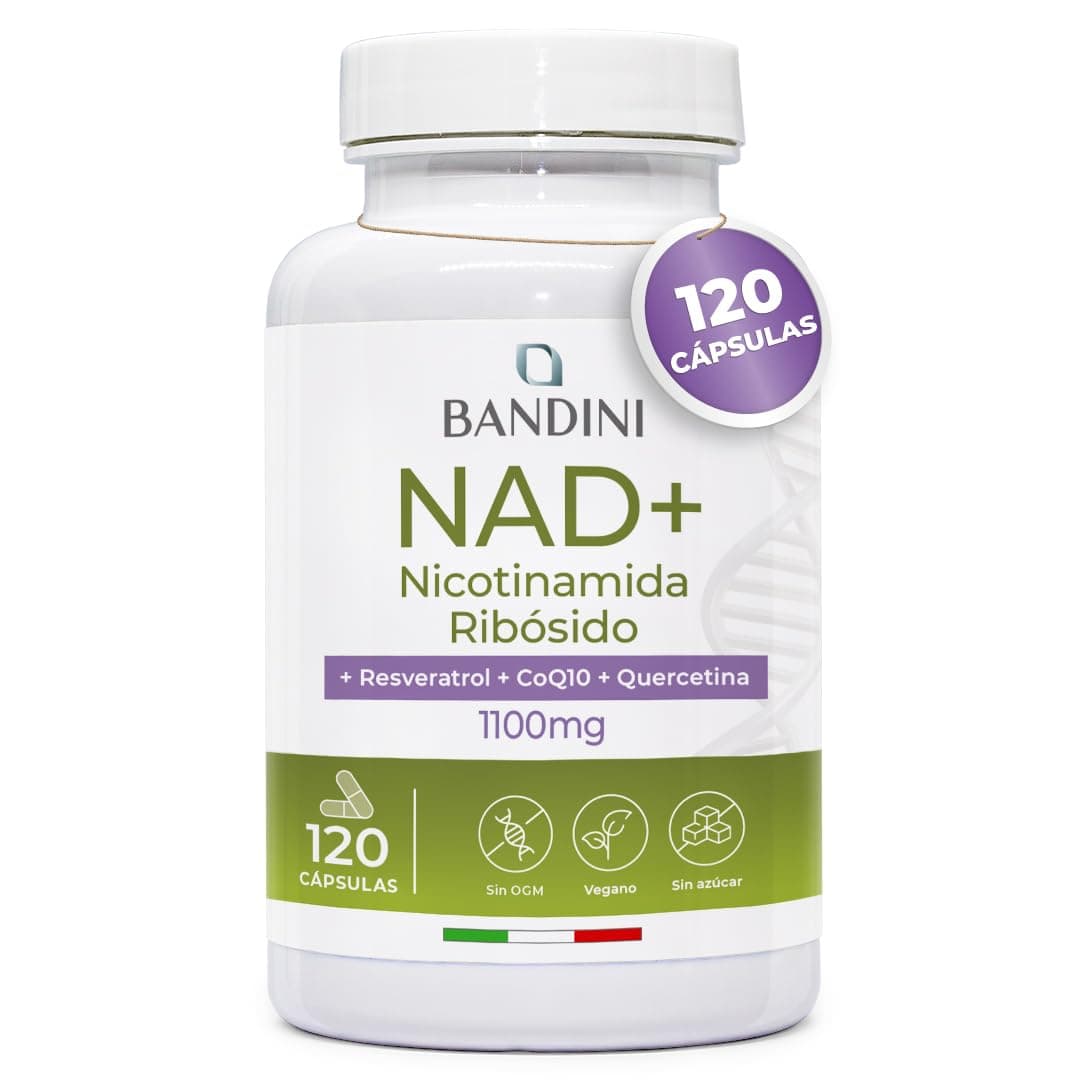 Bandini® NAD+ Liposomal 1100 mg | 120 Cápsulas Veganas | Con Cloruro de Ribósido de Nicotinamida, Quercetina, Resveratrol, Coenzima Q10 | Antienvejecimiento, Energía Celular, Sin OMG