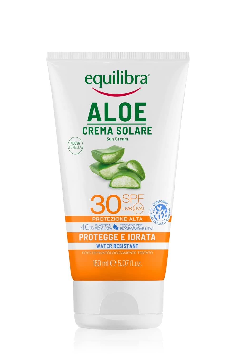 equilibra Solari, Aloe Crema Solare SPF 30, a Base di Aloe Vera, Vitamina C ed E, Olio di Argan, Olio di Cocco e Burro di Karité, Assicura un'Abbronzatura Sana e Naturale, Water Resistant, 150 ml