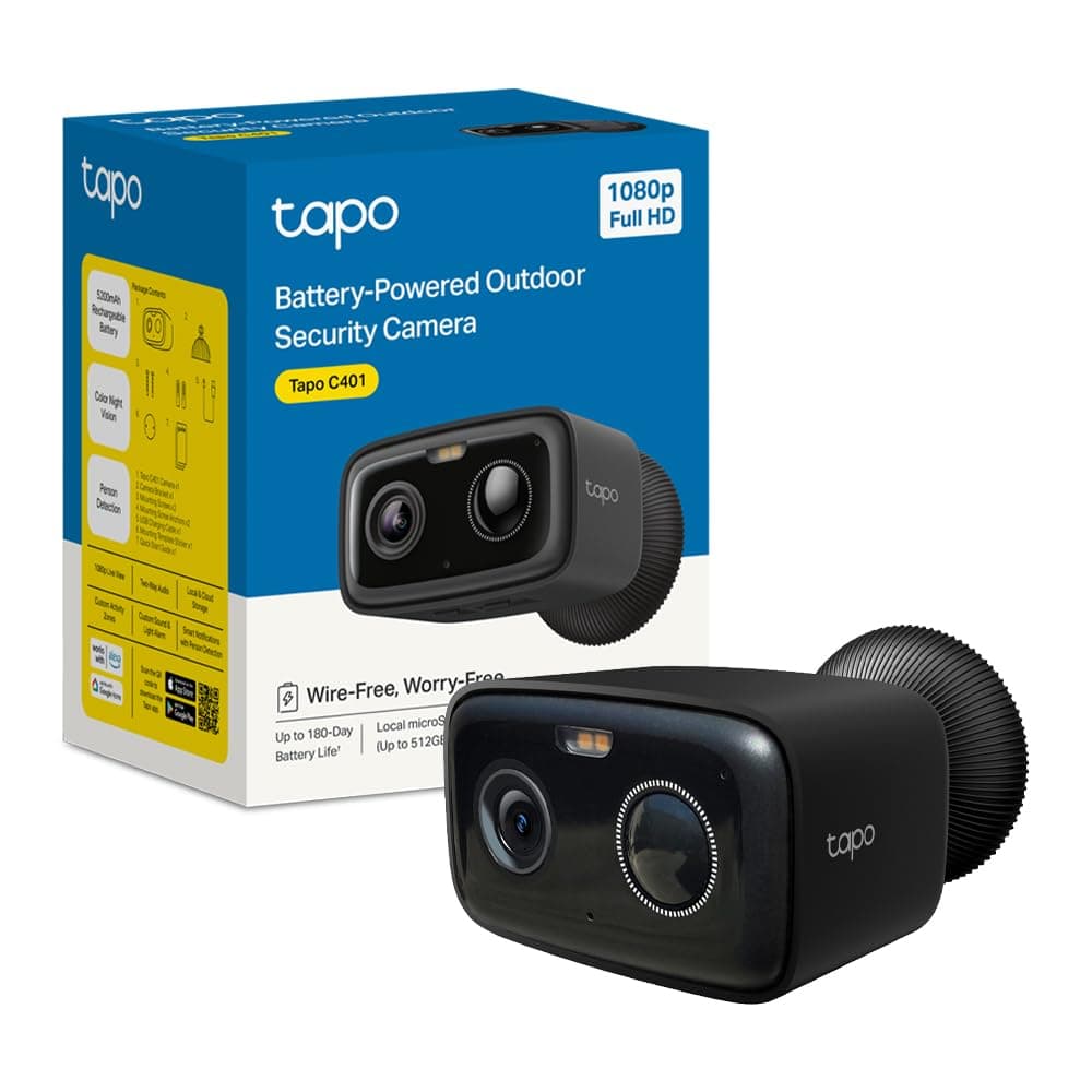 Tapo C401 Telecamera WiFi Esterno Senza Fili, Full HD 1080P, Batteria 5200mAh fino a 180 Giorni, Visione Notturna a Colori, Rilevamento Persone AI Gratuito, Allarme Sonoro e Luminoso, Archiviazione Lo
