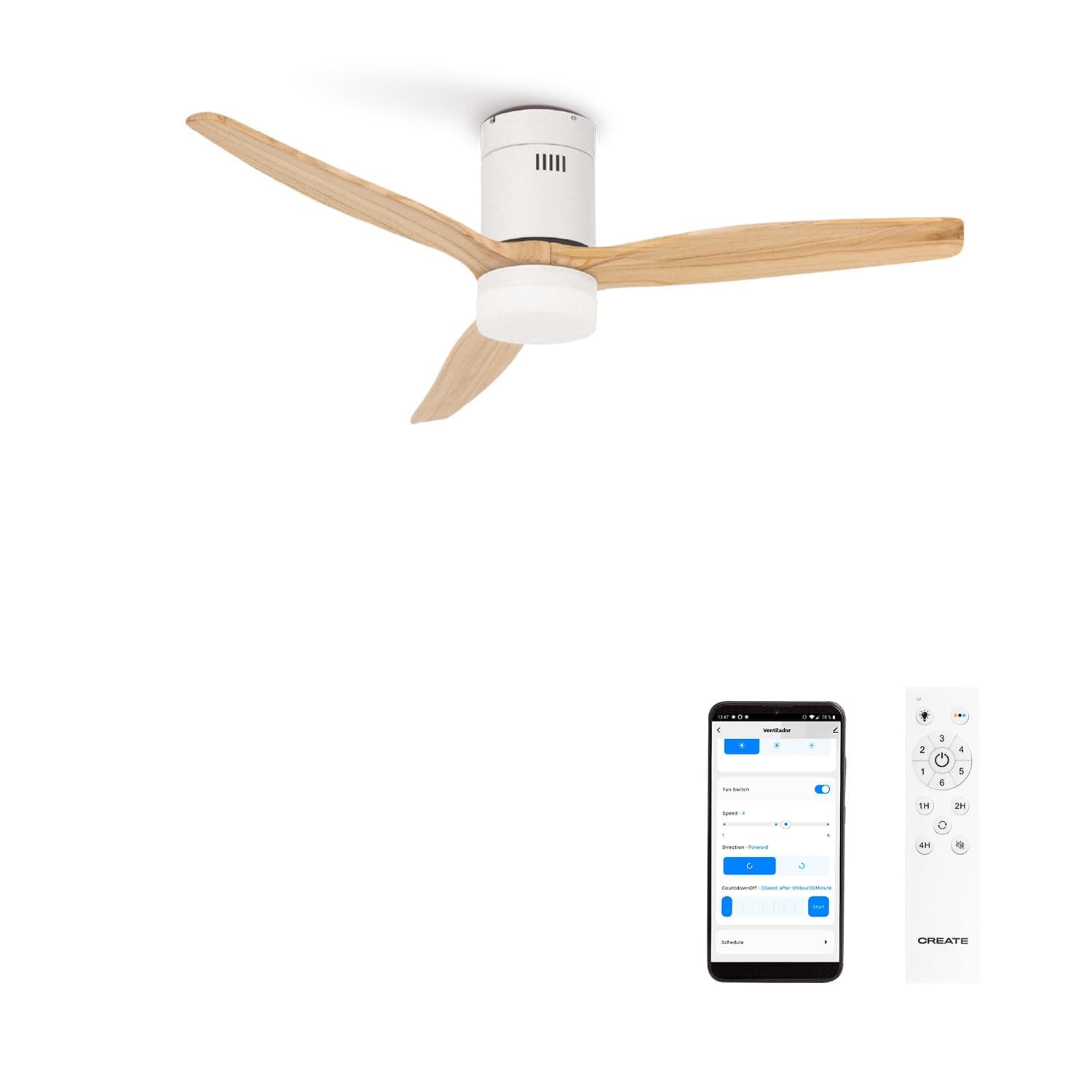 CREATE/WINDCALM/Ventilador de techo ABS con luz blanco aspas efecto madera clara con Wifi y mando / 40W, Silencioso, Ø132 cm, 3 temperaturas de luz, temporizador, función verano-invierno