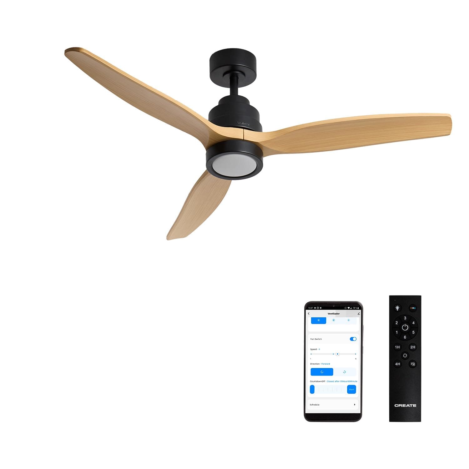 CREATE / WINDSTYLANCE M/Ventilateur ABS lumière noir pales effet bois naturel Wifi + télécommande / 40W, Silencieux, Ø132 cm, 6 vitesses, minuterie, été-hiver, double hauteur
