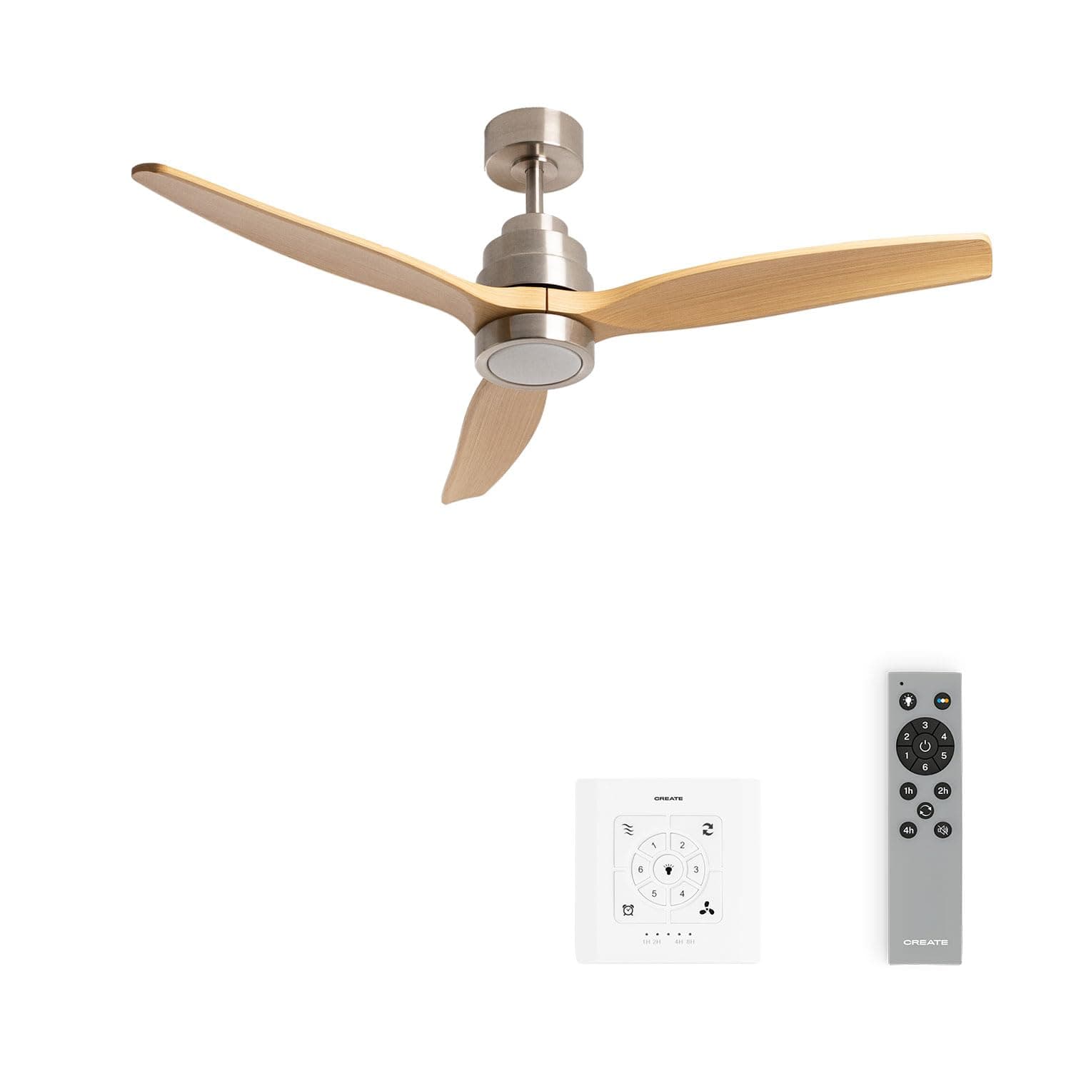 CREATE / WINDSTYLANCE M/Ventilateur plafond ABS nickel lumière pales bois naturel contrôleur et télécommande / Ø132 cm, 6 vitesses, été-hiver, double hauteur
