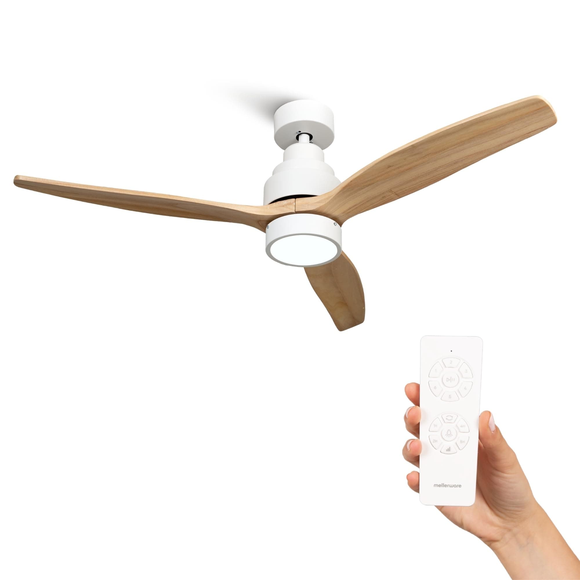 Mellerware - Ventilador de Techo con Mando a Distancia Brizy Bright | 30 W | 6 Velocidades | Ultra silencioso | 3 Aspas 132 de Diámetro | Función Verano-Invierno | Temporizador | LED | Lightwood