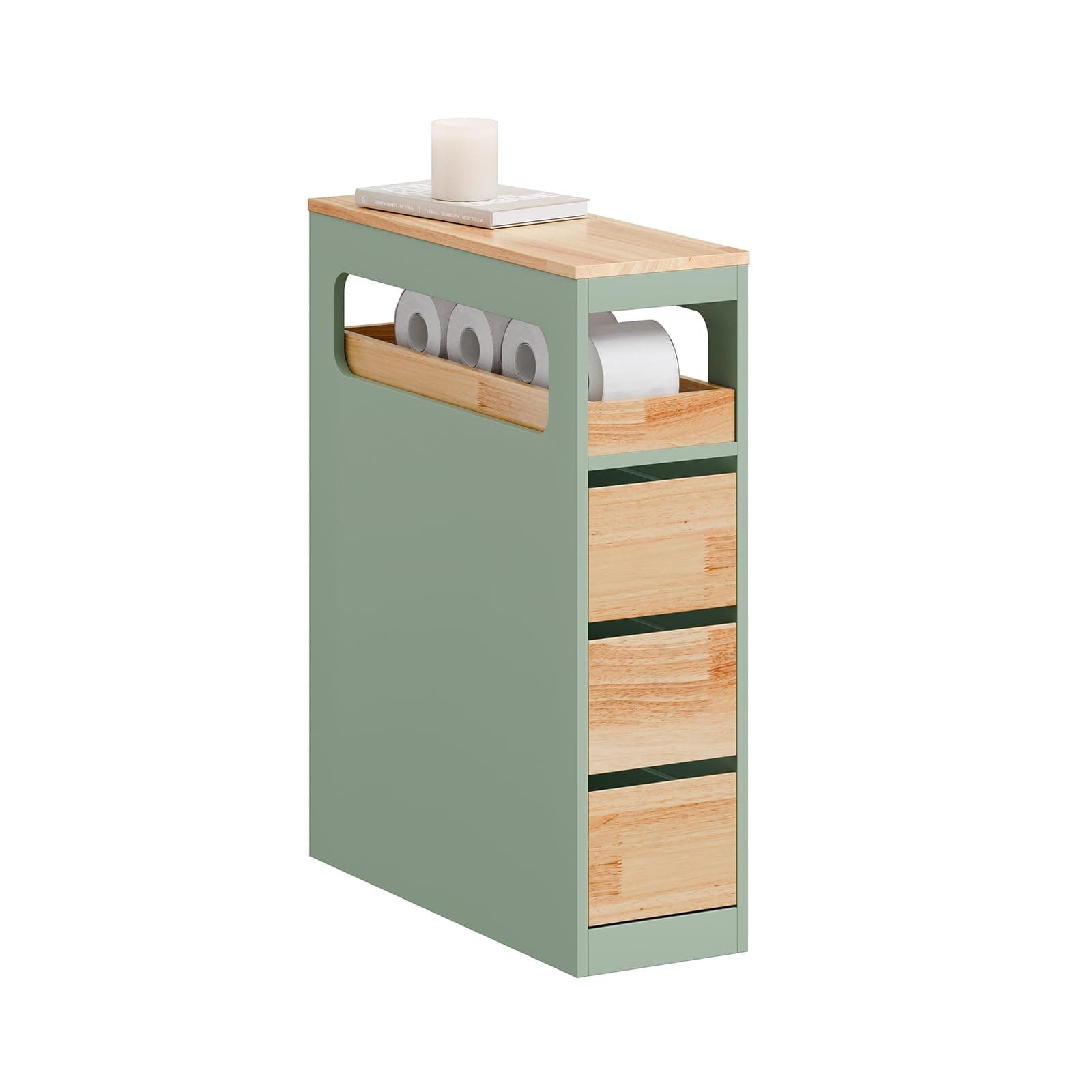 SoBuy Meuble Salle de Bain Rangement - Petit Meuble Toilette Colonne Étroite à roulettes, 3 Tiroirs avec Plateau en Hévéa Gain de Place pour WC Petit Espace et Cuisine, Vert 65x23x82cm BZR54-II-GR