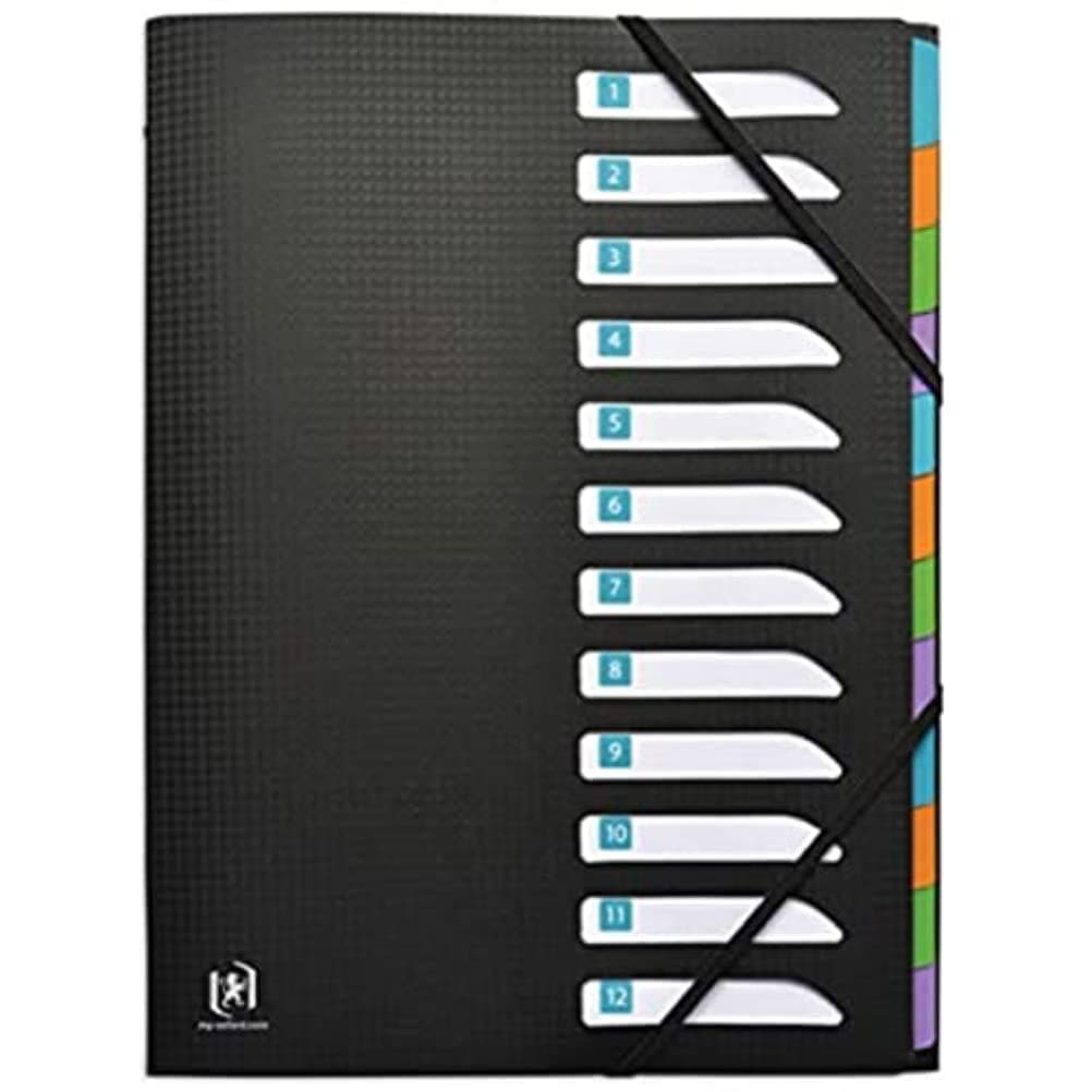 OXFORD Trieur Standard 12 Compartiments A4 Memphis Couverture Polypro Noir