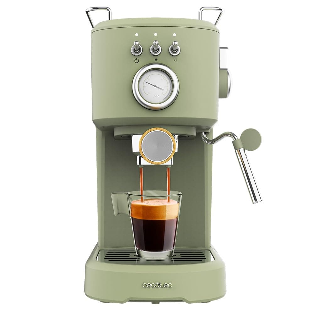 Cecotec Macchina da Caffè Espresso Power Espresso 20 Retro Green. 1100 W, 20 Bar, Sistema Thermoblock, Vaporizzatore Orientabile, Manometro, Braccio Portafiltri con Doppia Uscita e 2 Filtri, 1,25 L