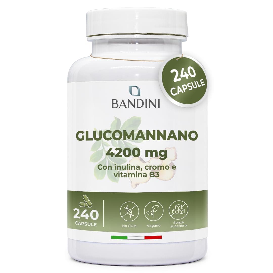 Bandini® GLUCOMANNANO FORTE 4.200 mg per Dose Giornaliera, 240 CAPSULE, Arricchito con Cromo, Vitamina B3 e Inulina, Integratore Alimentare con Formula Ad Alto Dosaggio, 100% Vegan, Made in Italy