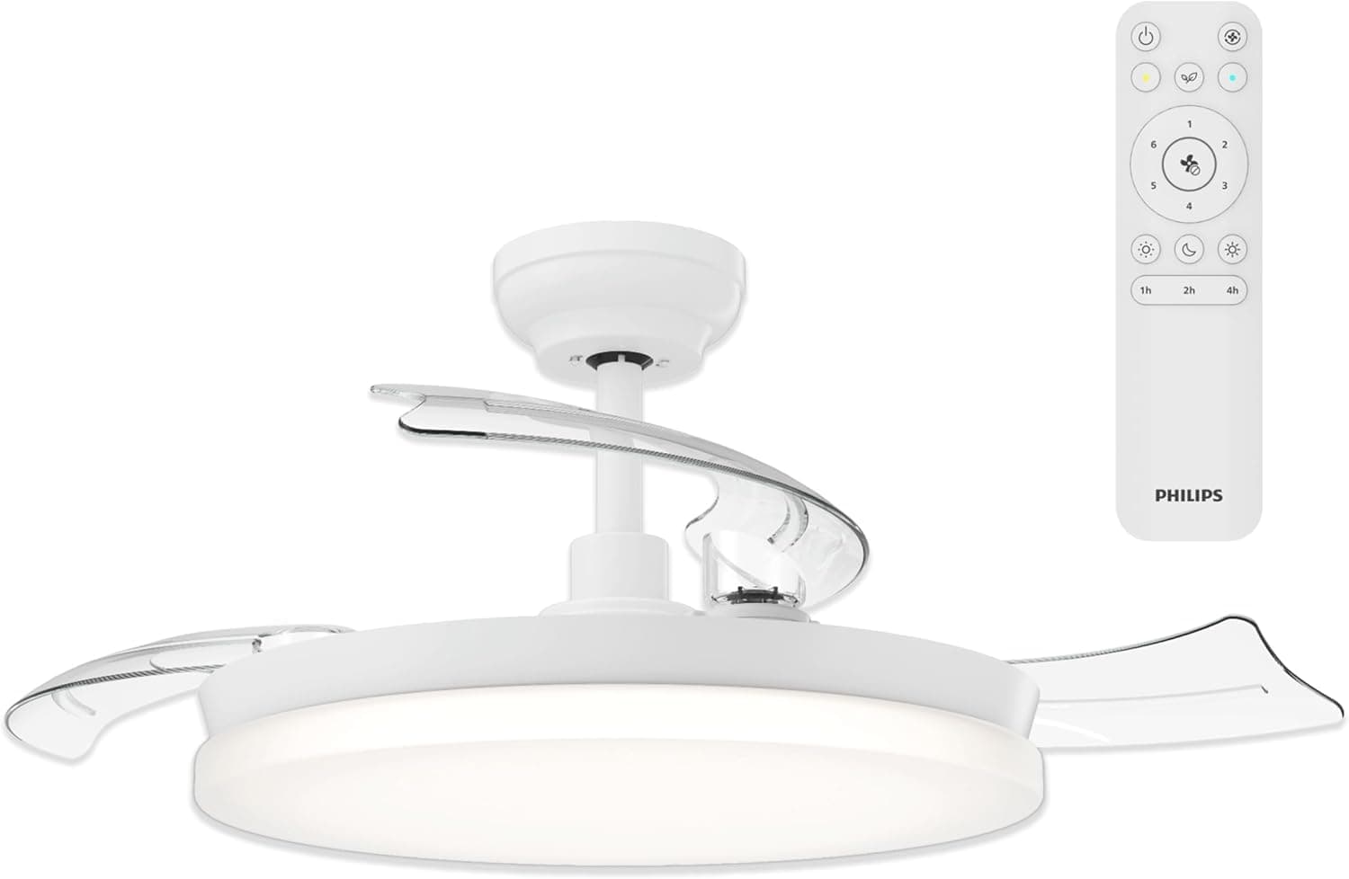 PHILIPS Solr Ventilateur à Pales Rétractables avec LED, 3 Pales, Envergure 106 cm, 4500 Lumens, 3 Nuances de Lumière Blanche (2700 K/4000 K/5500 K), Gradation jusqu'à 10%, avec Télécommande, Blanc