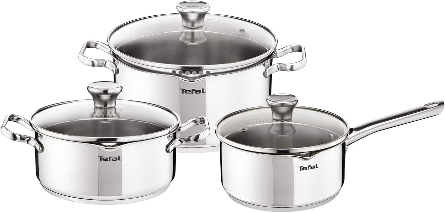 Tefal Duetto On - Juego de 3 Piezas + 3 Accesorios, Acero inoxidable | 2 Ollas 20/24 cm + Cacerola 16 cm + 3 Tapas de cristal, Marcas de medición, Thermo-Fusion, Apto inducción, Asa ergonómica
