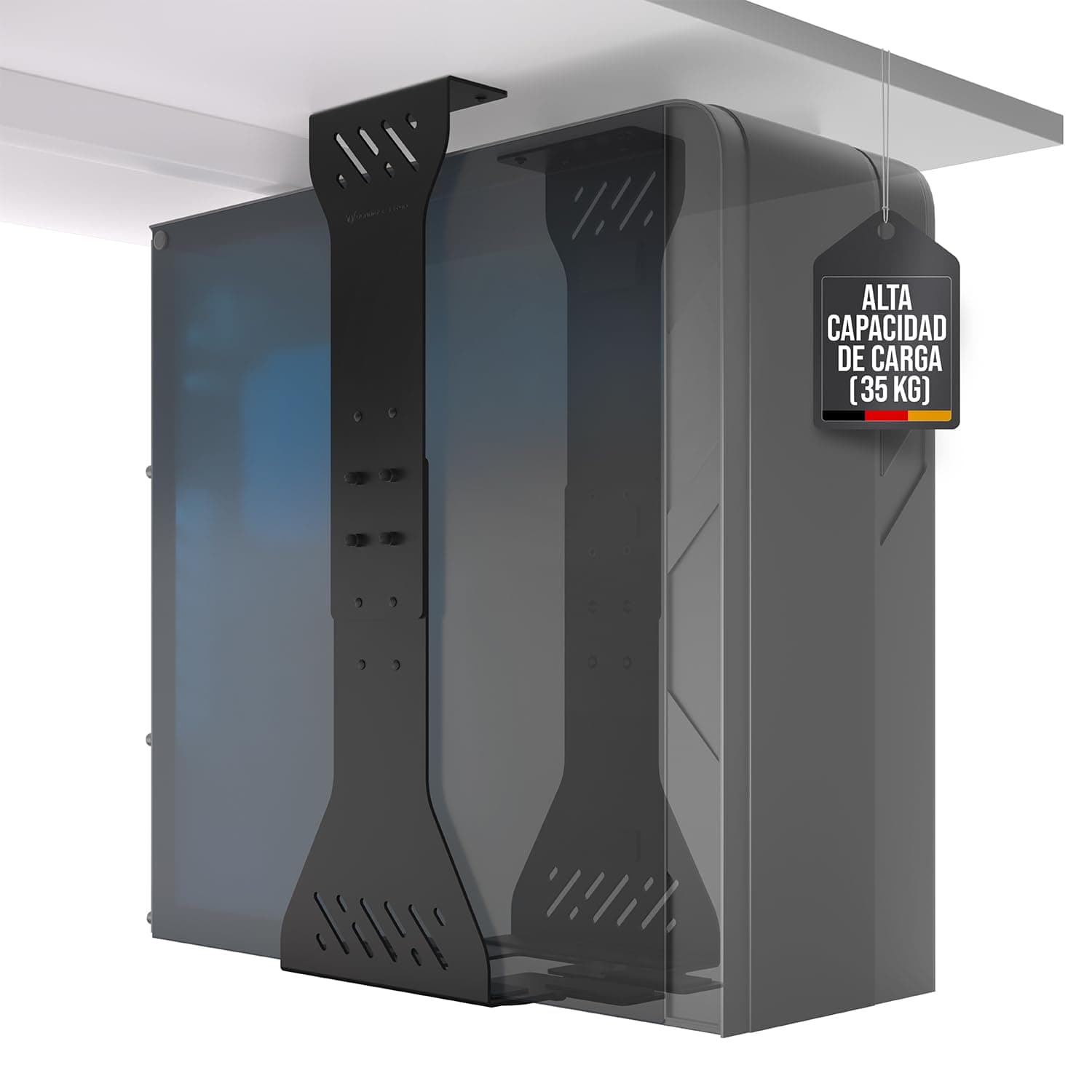 Soporte PC bajo Mesa – Alta Resistencia hasta 35 kg, Ajustable (Negro) | Soporte CPU para torre PC · PC stand ajustable a muchos tamaños · Libera el suelo · Acceso fácil · Favorece la ventilación