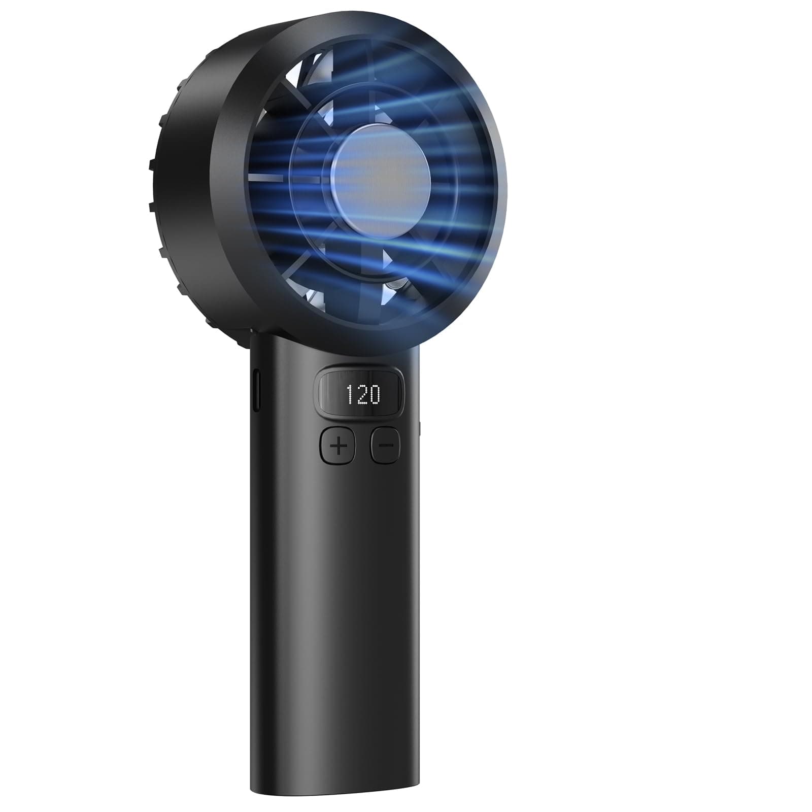 LUXVANO Ventilateur de Poche Rechargeable USB 3000mAh - Ventilateur Personnel avec Affichage LED, 5 Vitesses et Verrou de Sécurité - Pour Bureau, Chambre, Extérieur, Camping (Noir)
