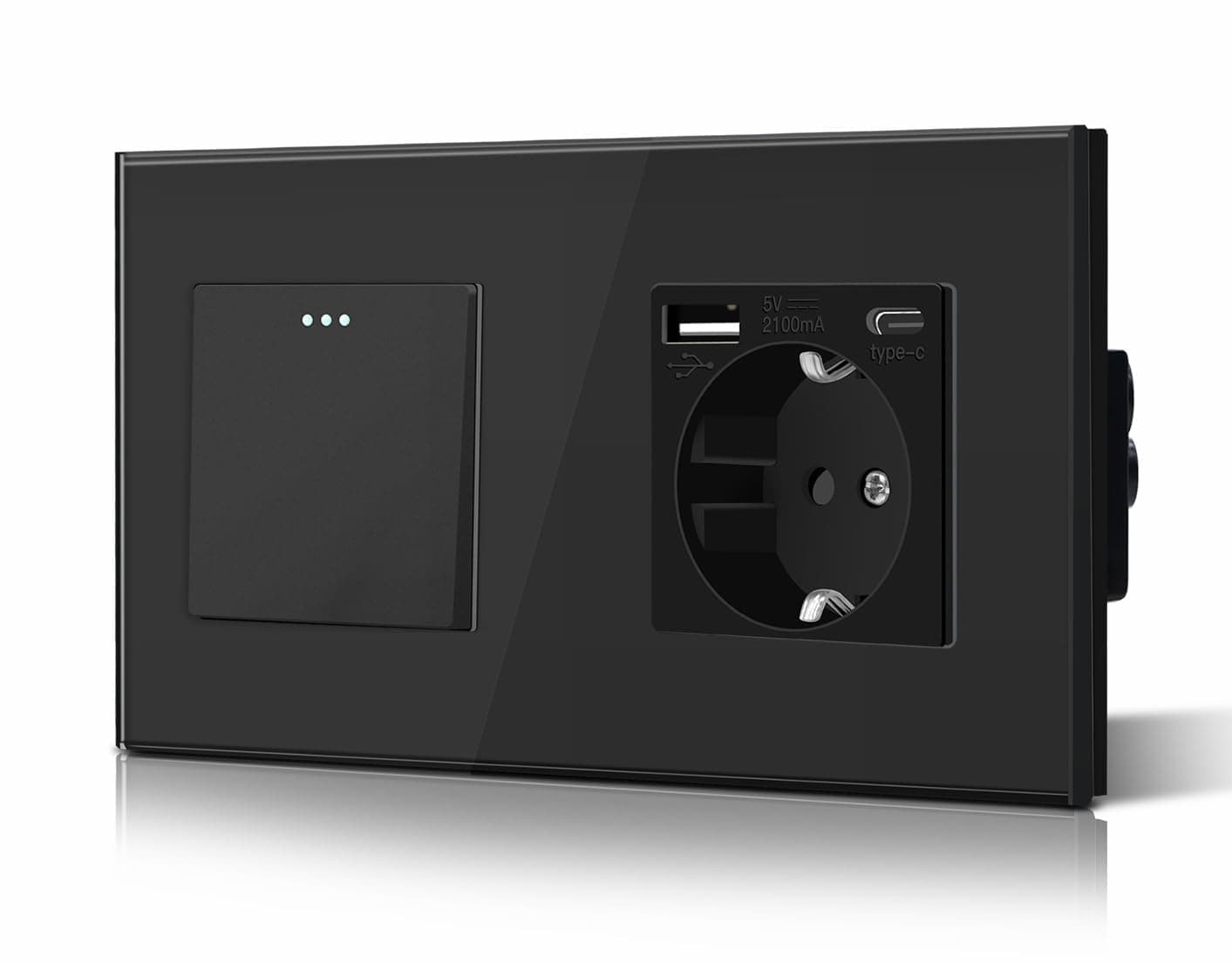 BSEED Interruptor Conmutador y Enchufe USB C,Basculante Con Luz de Orientación,Marco de Cristal,Fácil Instalación,Fáciles de Limpiar,1 Gang 2 Vía Con Enchufe USB/Tipo C,157mm Negro
