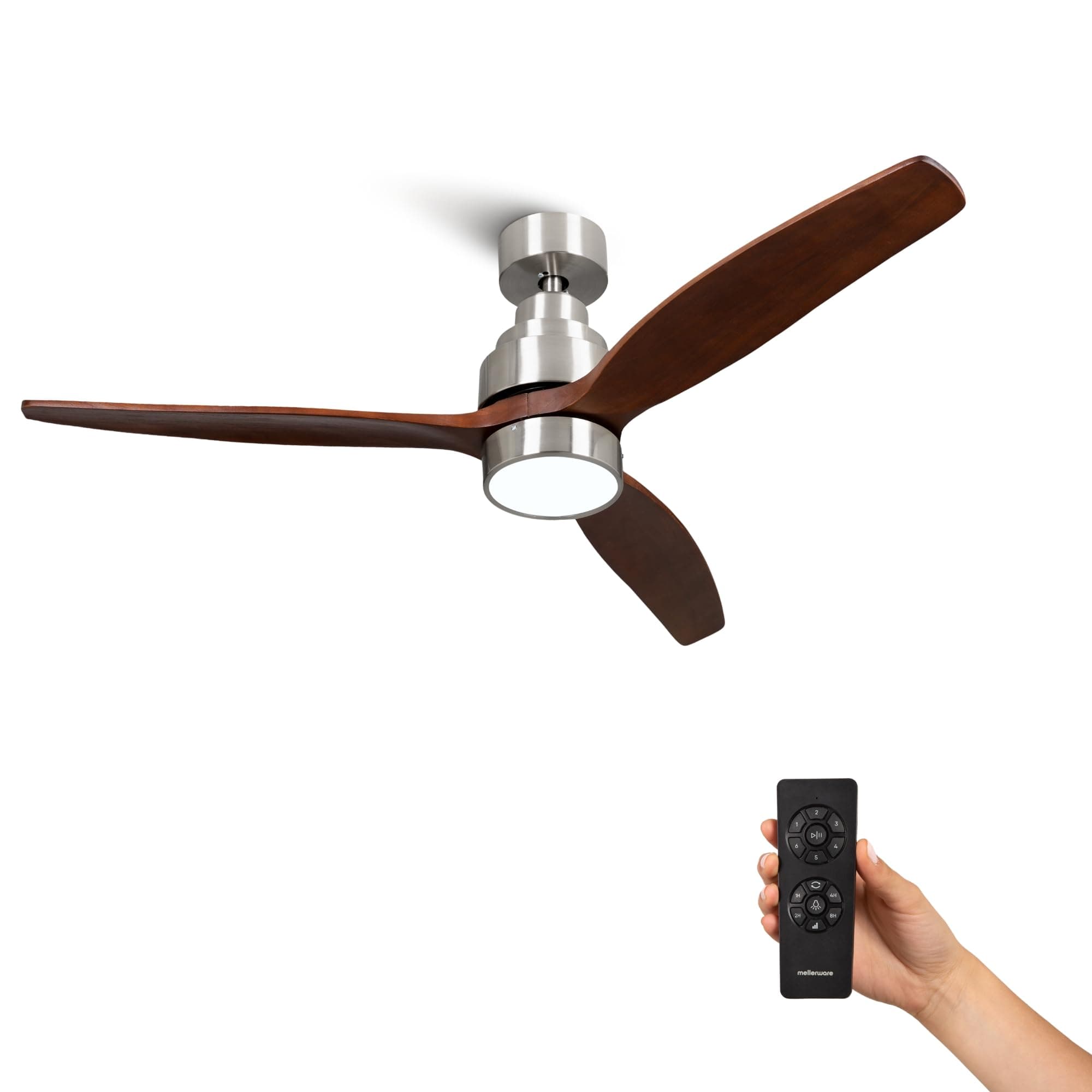 Mellerware - Ventilador de Techo con Mando a Distancia Brizy Bright | 30 W | 6 Velocidades | Ultra silencioso | 3 Aspas 132 de Diámetro | Función Verano-Invierno | Temporizador | LED | Darkwood