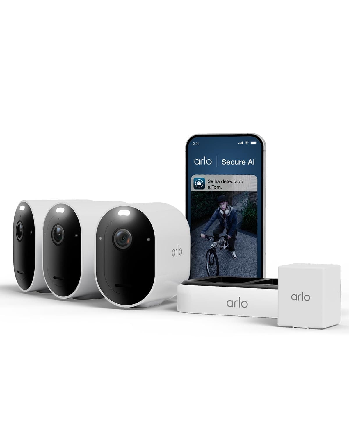 Arlo Pro 6, Cámara de Vigilancia Exterior WiFi 2K+ HDR, Reconocimiento de IA, Visión Nocturna Color, Funciona con Alexa, Prueba Arlo Secure incluida, 3 Cámaras + 1 Batería Adicional y Cargador Doble