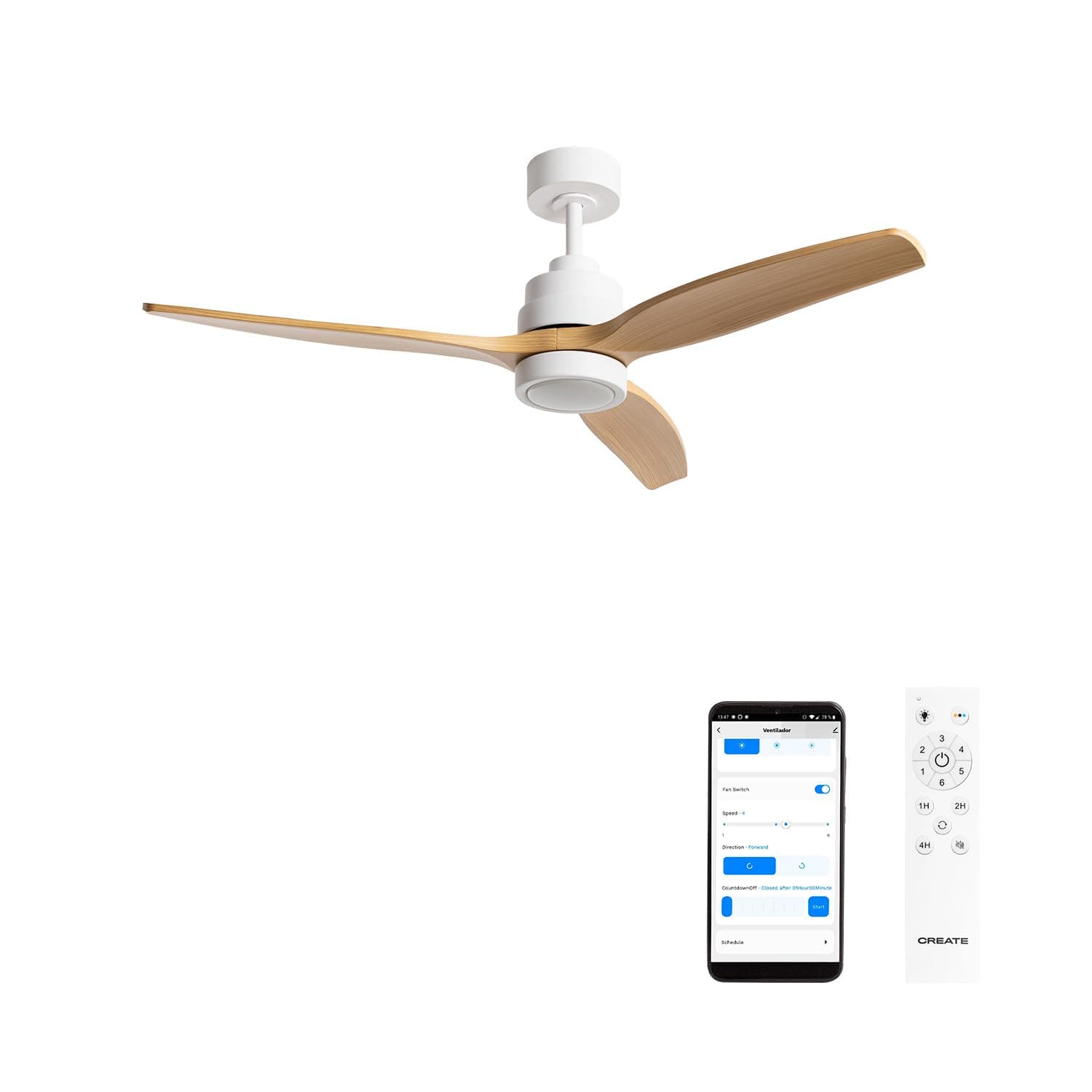 CREATE WINDSTYLANCE M/Ventilateur de plafond ABS avec lumière blanche, pales effet bois naturel avec Wifi et télécommande, 40 W, silencieux, Ø132 cm, 6 vitesses, minuteur, été-hiver, double hauteur