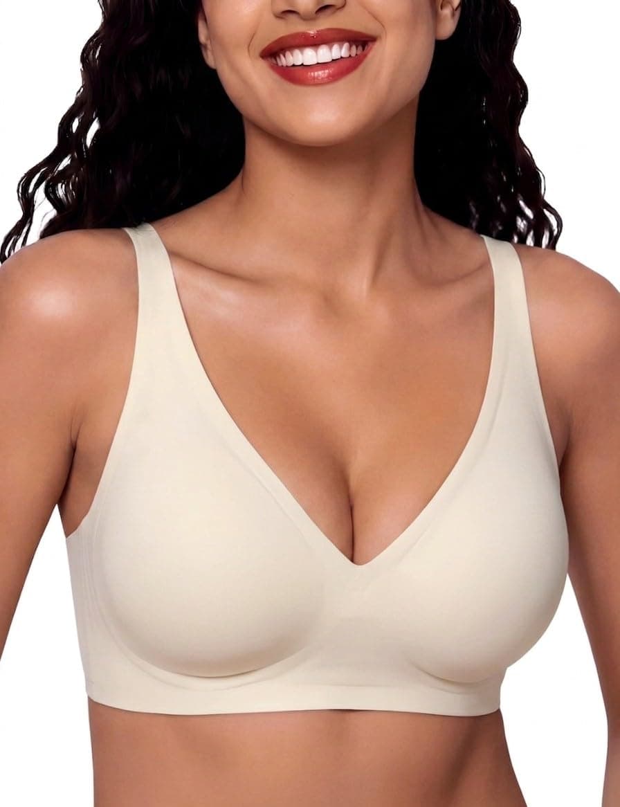 Bresdk Sujetador Sin Aros con Escote en V Profundo para Mujer Push Up Bralette Cómodo sin Costuras de Cobertura Completa para Pecho Grande con Relleno