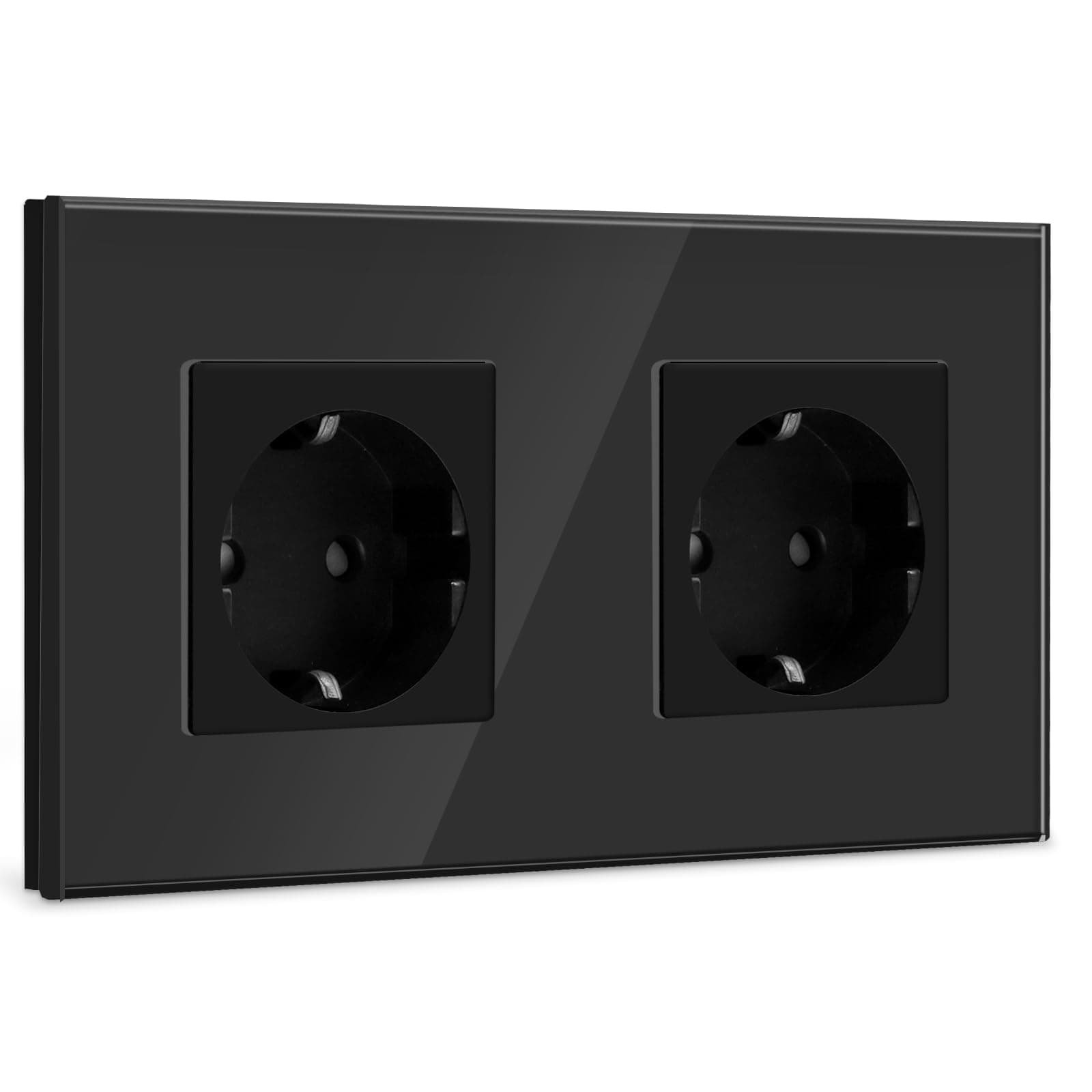 BSEED Enchufe de Pared Doble,Negro Schuko Enchufe Doble con Panel de Cristal,16A 250V Toma de Corriente,Enchufes de Extensión para Cocina,Dormitorio,Oficina,Hotel,etc
